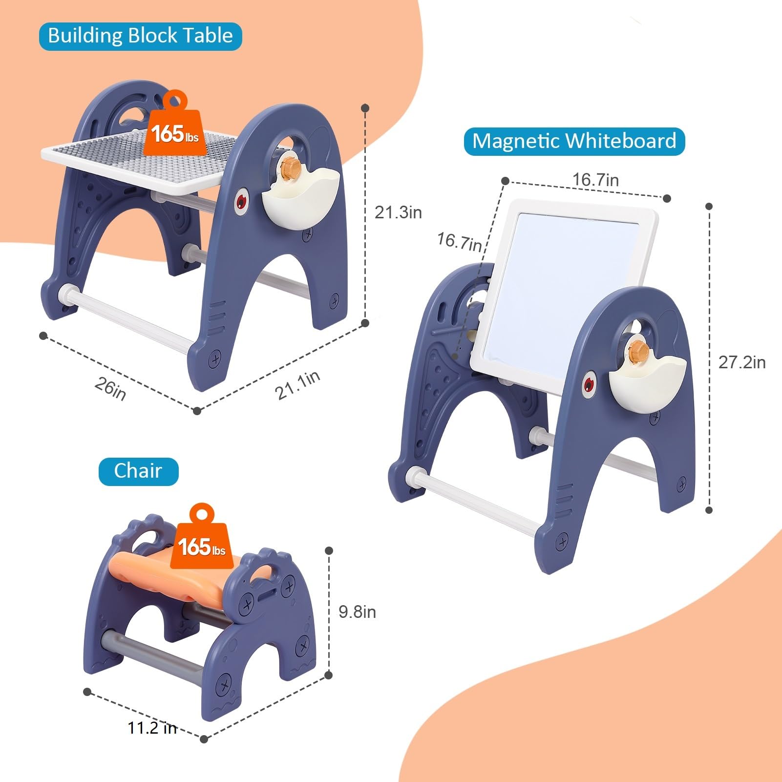 GARVEE 4-in-1 Kids Activity Table Set with Magnetic Whiteboard - Building Block Table Compatible with Lego Duplo Bricks - Toddler Sensory Play Table Includes Chair, 66pcs Large Blocks & 2 Storage Bins - Perfect for Preschool Learning, Creative Play & Home Daycare Activities