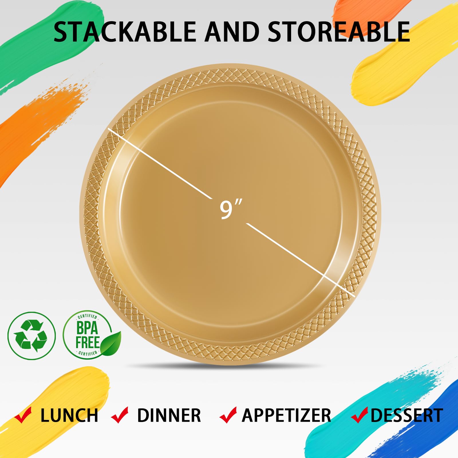 WELLIFE Gold Disposable Plastic Plates 9 Inch - 150 Count, Elegant Dinner Plates for Party, Wedding, Birthday, Engagement, Baby Shower & Special Events - Perfect for Desserts, Cakes & Catering
