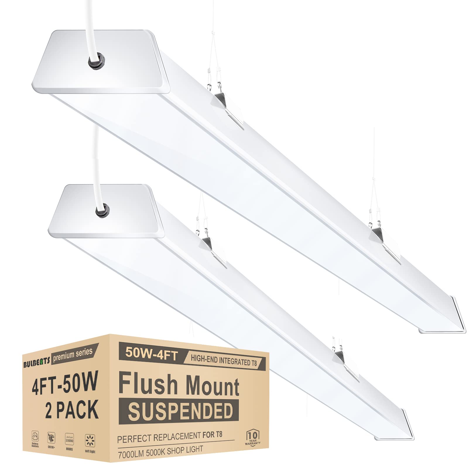 Bulbeats ETL Listed 4FT LED Shop Light - 7000 Lumens [400W Equivalent] 5000K Daylight - Surface/Suspension Mount Garage Workshop Light - Plug and Play (2-Pack) - Perfect for Shops, Garages, Closets & Kitchens