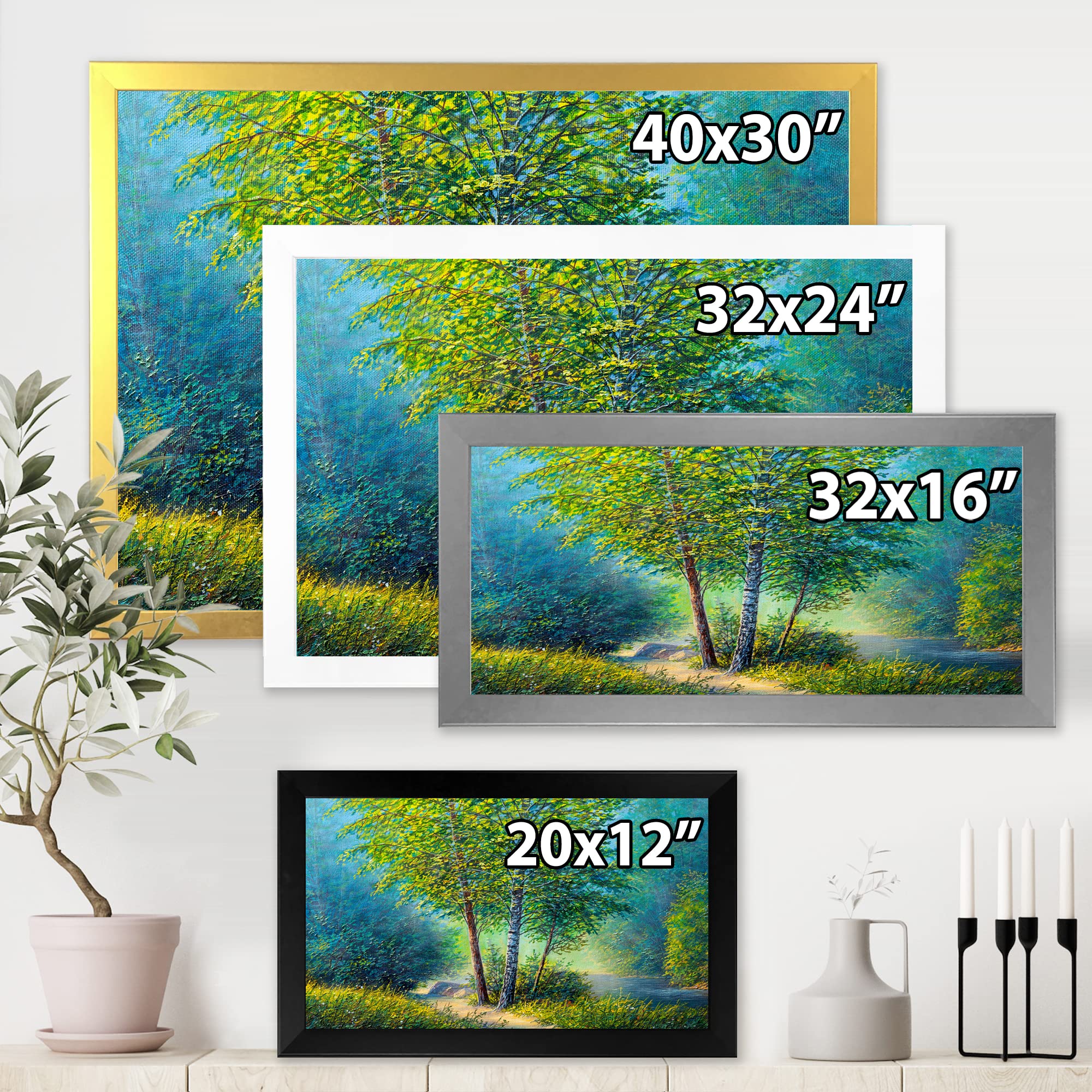 Three Vibrant Trees By The River Lake House Framed Wall Art - Nature Landscape Painting for Living Room, Bedroom & Office Decor - Perfect Gift for Housewarming & Holidays