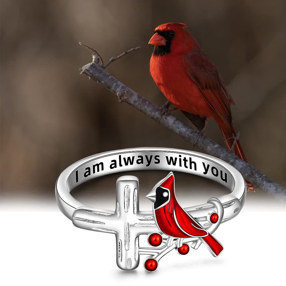 Red Cardinal Ring - Sterling Silver Angel Memorial Jewelry for Women | Spiritual Cross Ring in Sizes 6-10 | Perfect for Sympathy Gifts, Remembrance Jewelry & Spiritual Protection