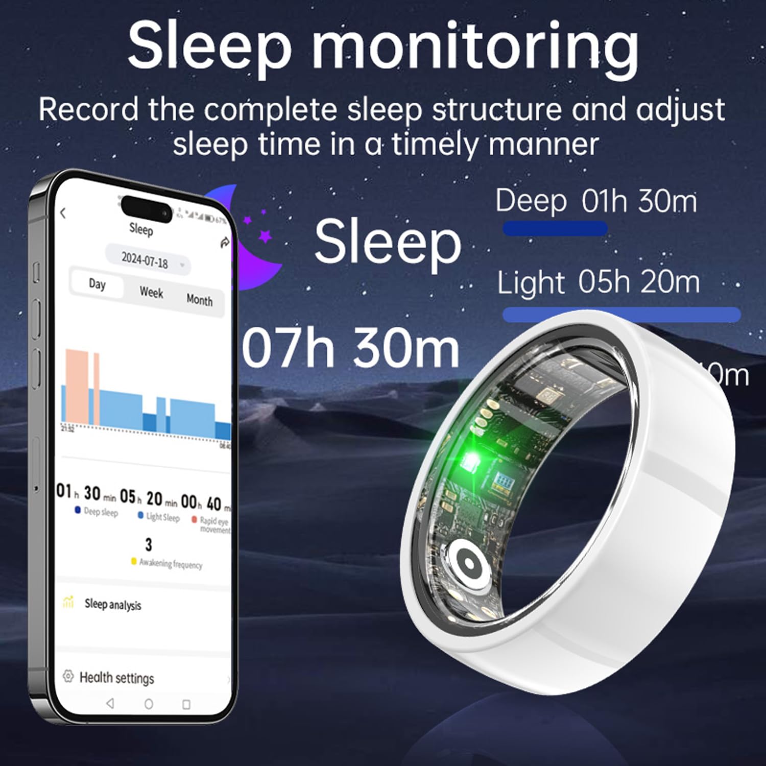 Smart Ring Health Tracker for Men & Women - Ceramic Black Sleep Monitor with Long Lasting Battery, Heart Rate & Activity Tracking - Perfect for Fitness, Sleep Analysis & Daily Health Monitoring (Size 10)