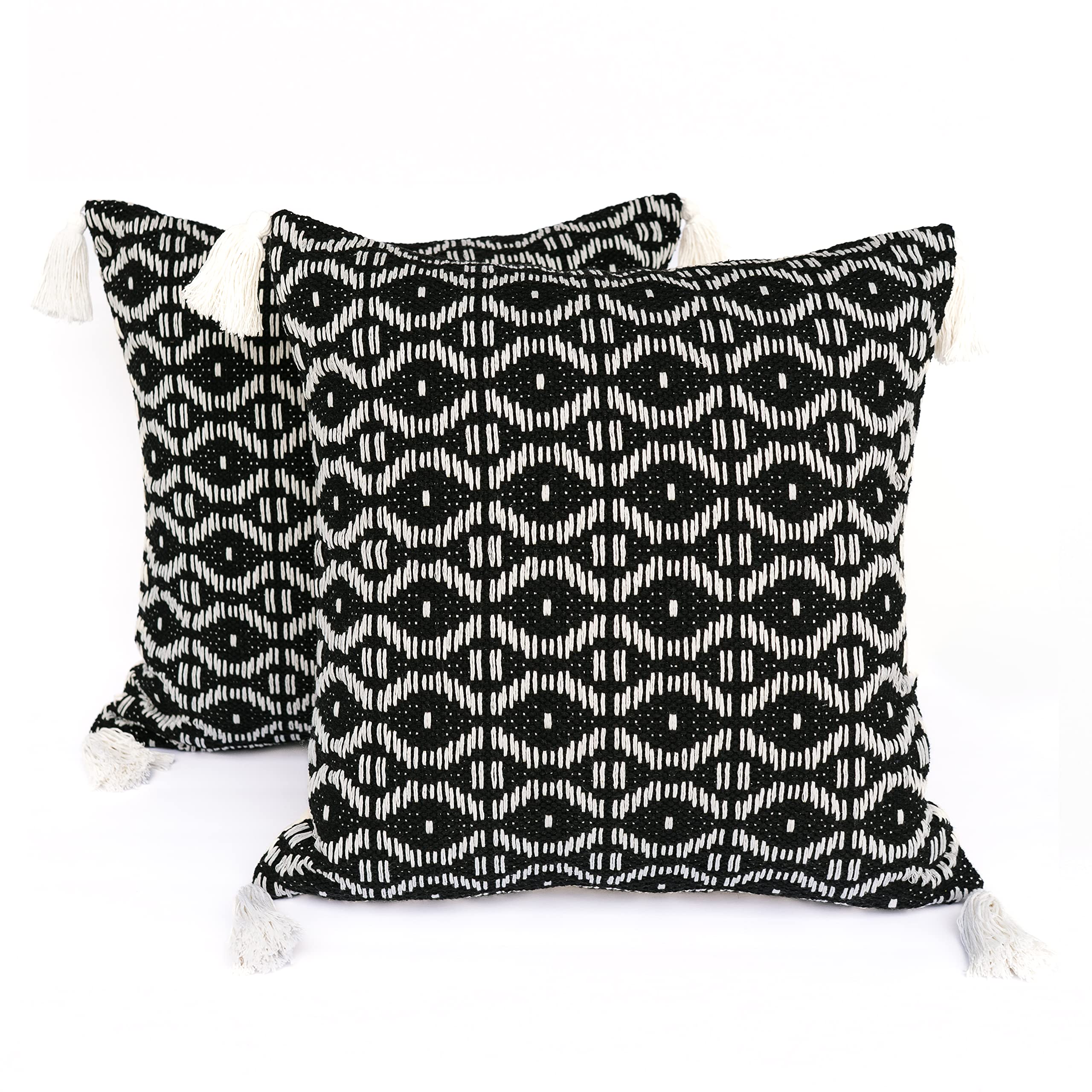 Boho Outdoor Pillow Covers Set of 2 - 20x20 Inch Water Resistant Woven Decorative Throw Pillow Covers with Tassels for Patio, Garden, Porch & Outdoor Furniture - Black and White Bohemian Style Home Decor