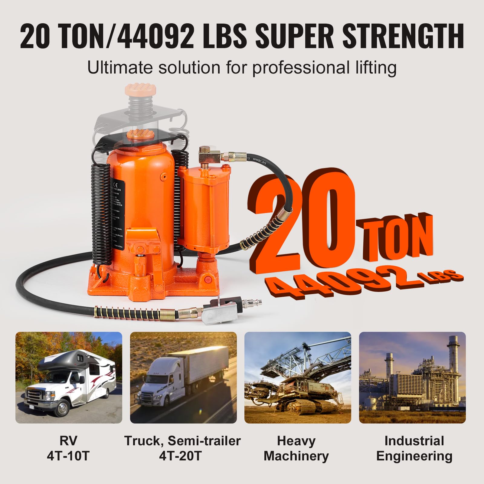 VEVOR 20 Ton Air Hydraulic Bottle Jack - 44,029 LBS Capacity, 10.4-19.7 Inch Lift Range, Heavy Duty Welded Construction with Manual Handle & Air Pump - Perfect for Car, Truck, RV Repair & Industrial Engineering (Workshop, Garage, Construction Site)