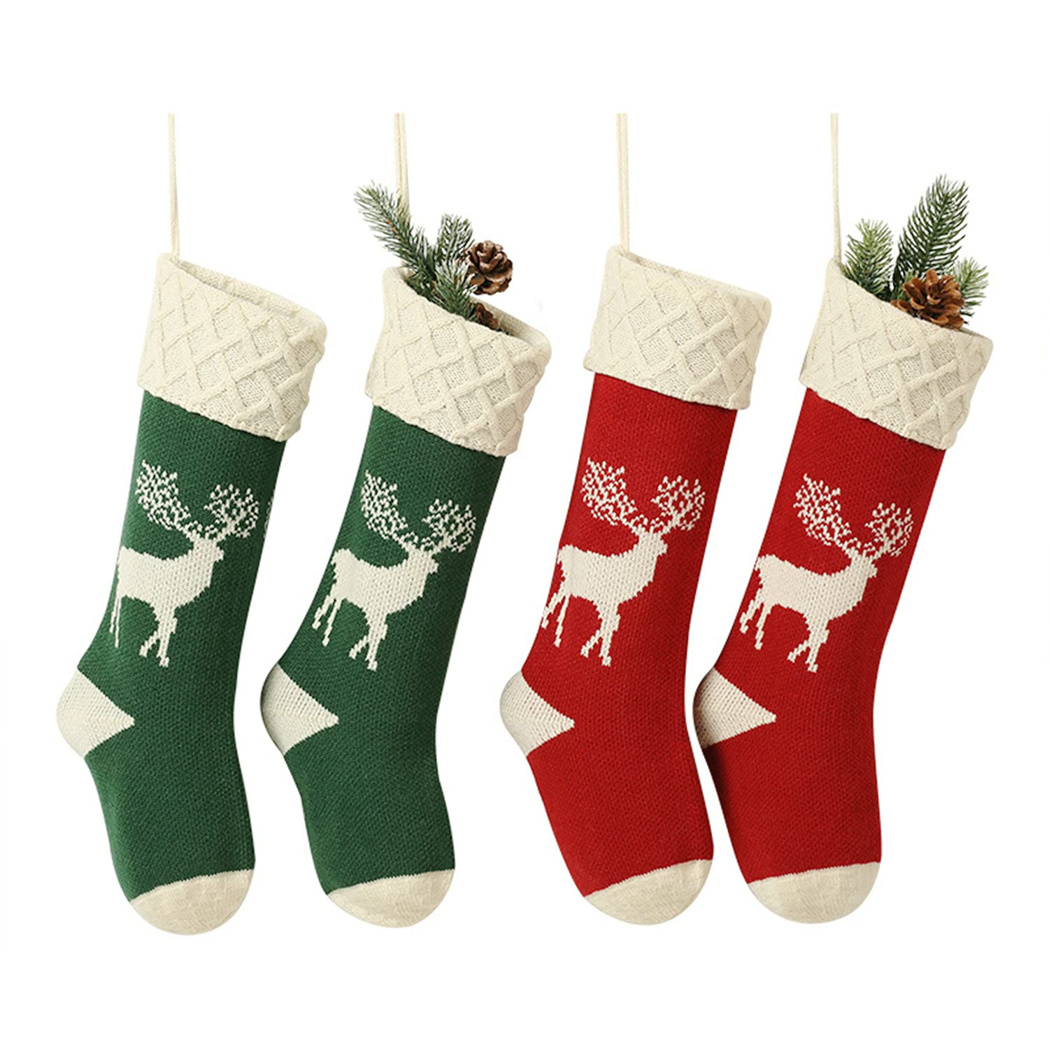 GOER Knit Christmas Stockings 18 Inch Pack of 4 - Elk Pattern Holiday Decor for Fireplace Mantel, Xmas Tree, and Festive Home Decorations