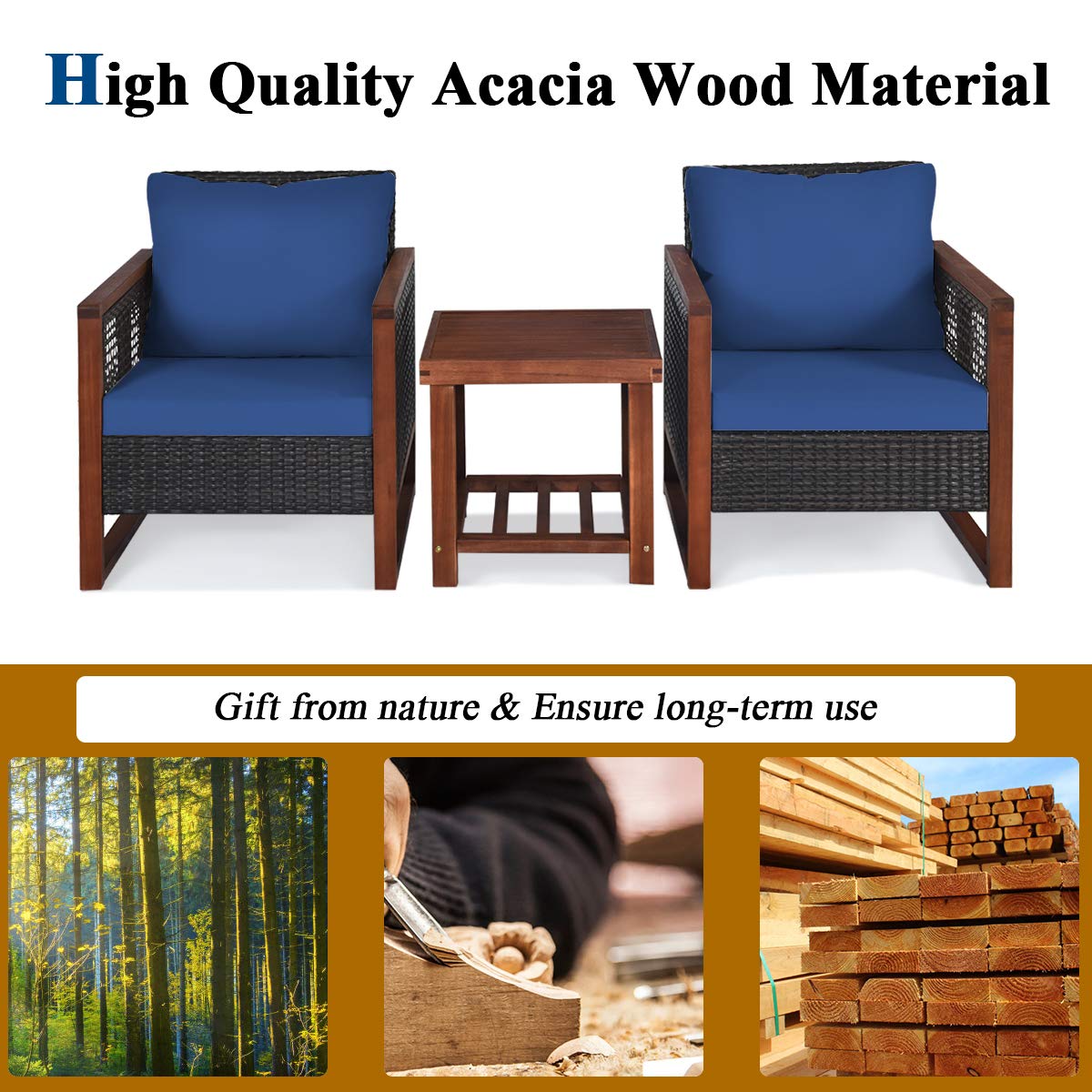 **Tangkula 3-Piece Patio Wicker Furniture Set - Outdoor Rattan Sofa Set with Washable Cushions & Acacia Wood Coffee Table - Garden, Balcony, Backyard Conversation Bistro Set (Blue) - Perfect for Relaxing, Entertaining, and Outdoor Dining**