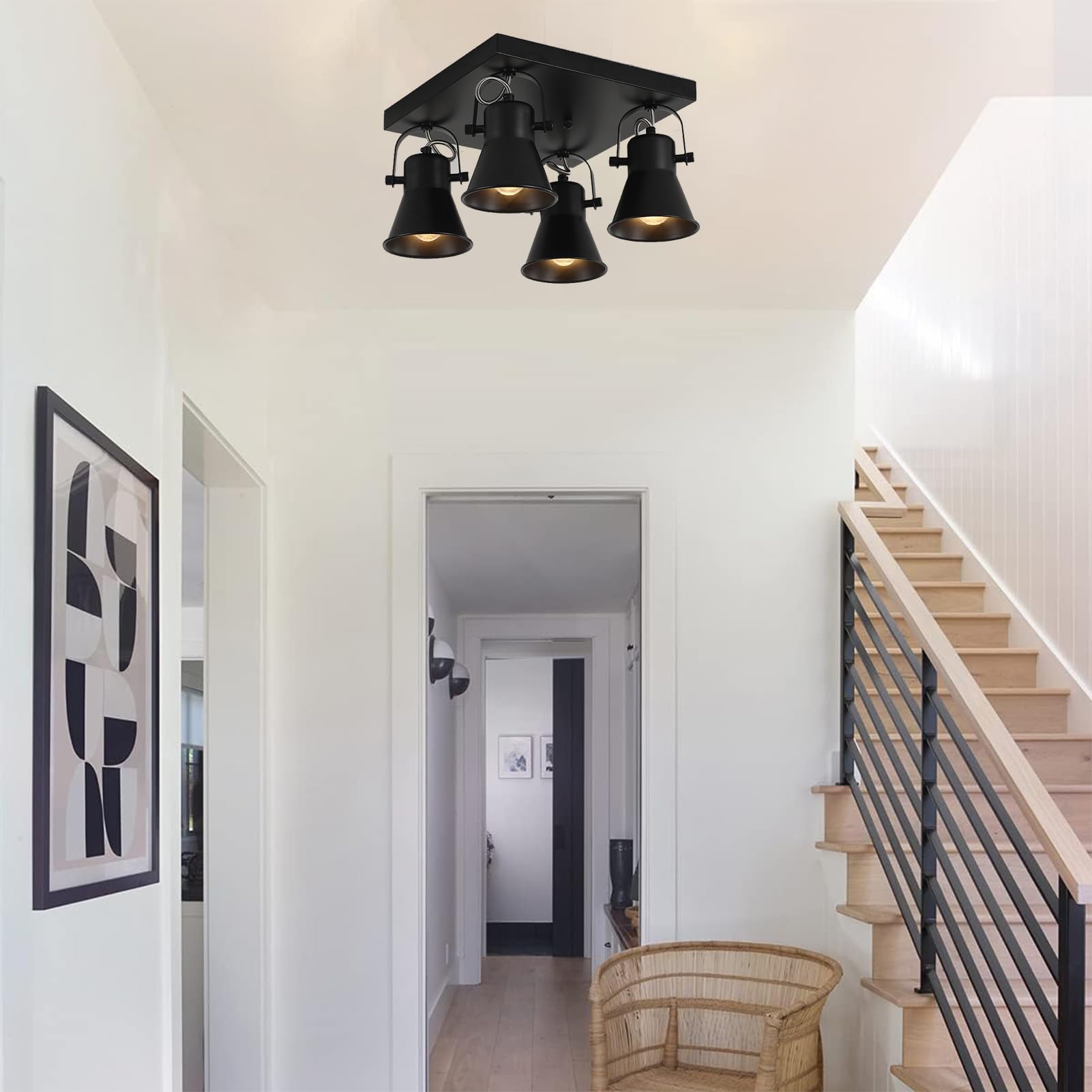 SEEBLEN 4-Light Black Adjustable Track Lighting Fixture, Square Flush Mount Ceiling Light for Kitchen, Dining Room, Living Room, Bedroom, Hallway - Perfect for Modern Home and Office Lighting