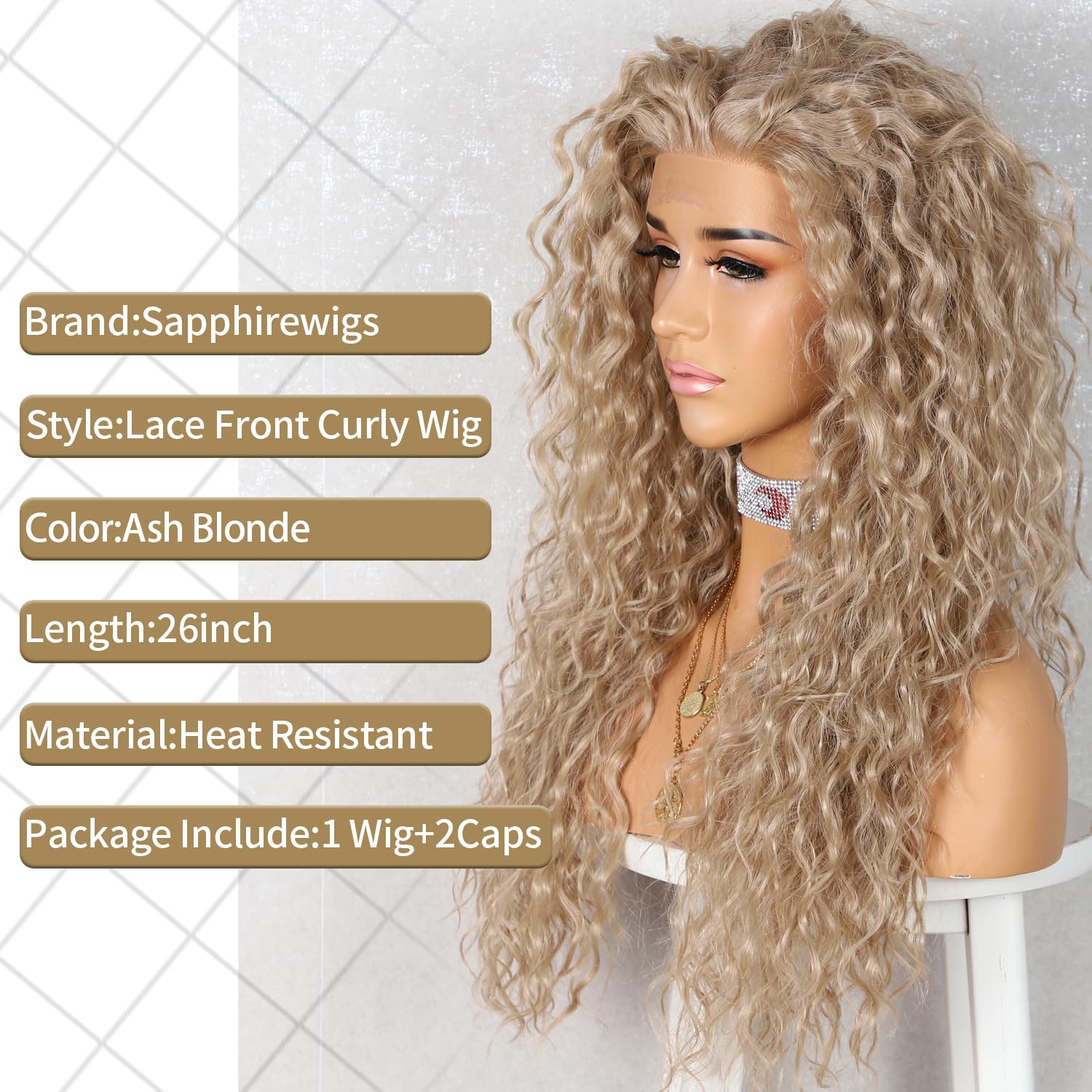 SAPPHIREWIGS 26 Inch Deep Curly Synthetic Lace Front Wig for Black Women - Ash Blonde Glueless Pre-Plucked Heat Resistant Wig | Perfect for Cosplay, Daily Wear & Special Occasions