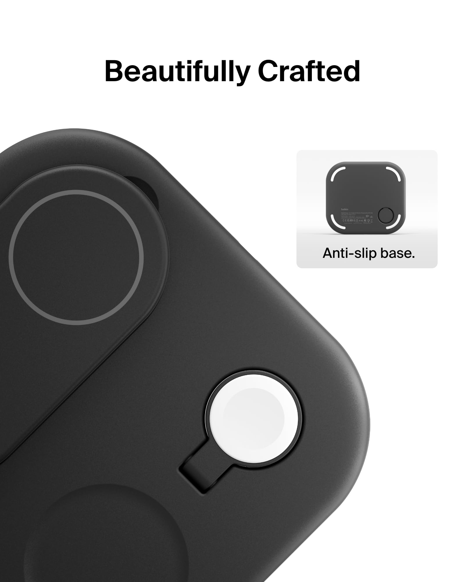 Belkin 3-in-1 MagSafe-Compatible iPhone Charger 15W | Foldable Magnetic Qi2-Certified Wireless Charging Station for iPhone 16, Apple Watch Series 10, AirPods 4 | Fast Charging with Non-Slip Base & PSU | Perfect for Home, Office & Travel - Black