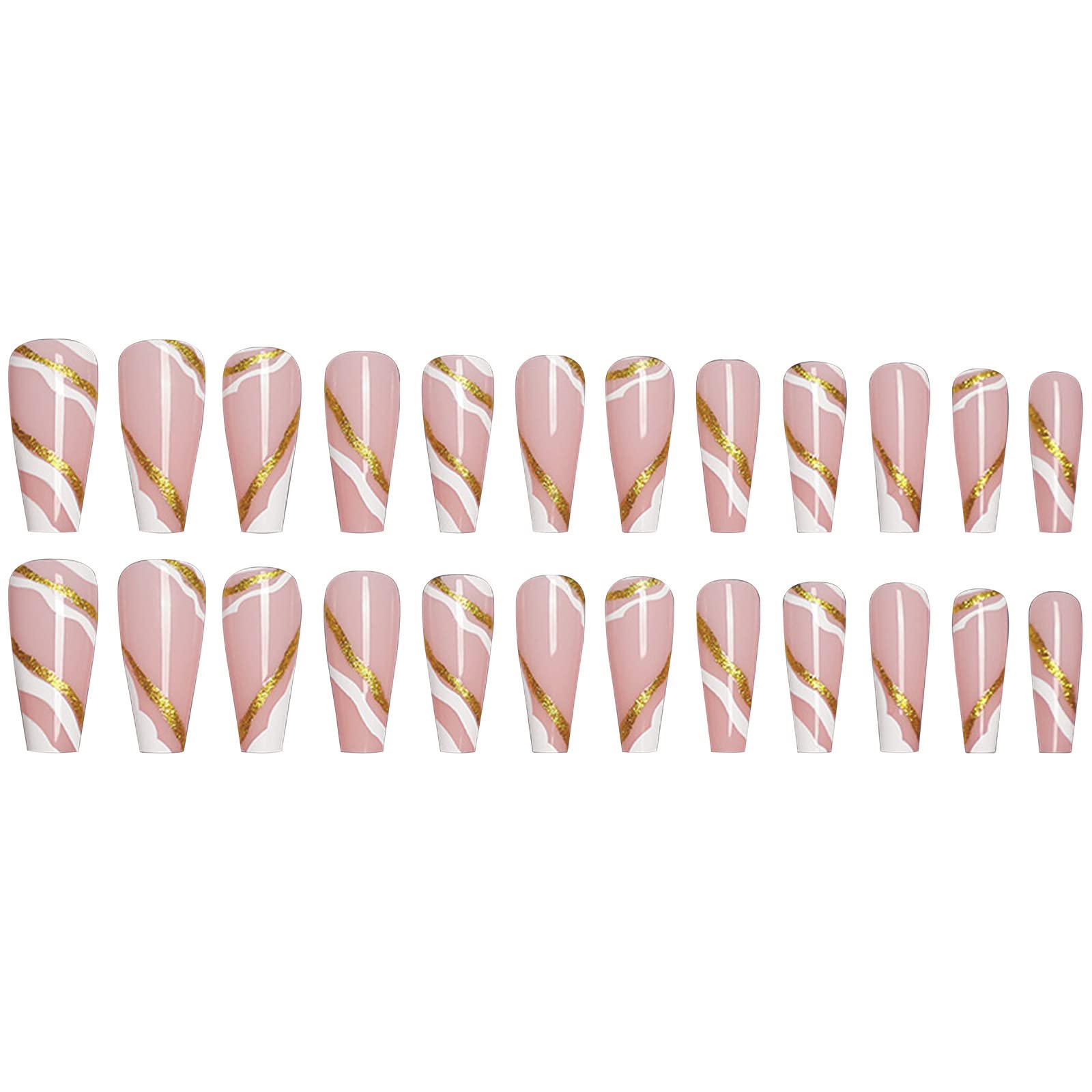 Wavy Gold Stripes Press-On Fake Nails - 24 Piece Acrylic Nail Set with Nail Glue - Clear Fake Nails for Women & Girls - Perfect for Parties, Weddings, and Special Occasions (Size A, One Size)