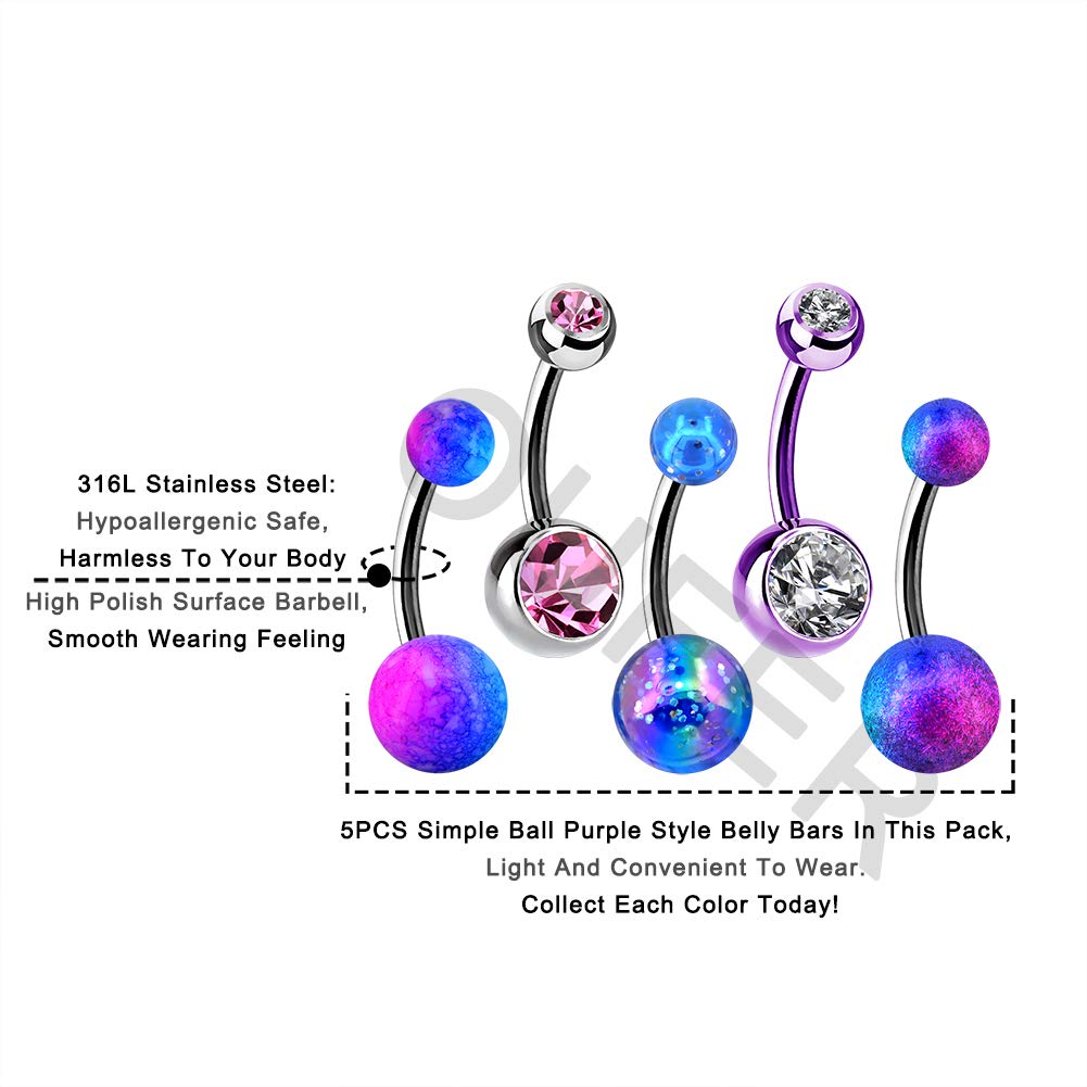 OUFER 14G Stainless Steel Belly Button Rings - Blue Purple Glitter Jewelry for Navel Piercing