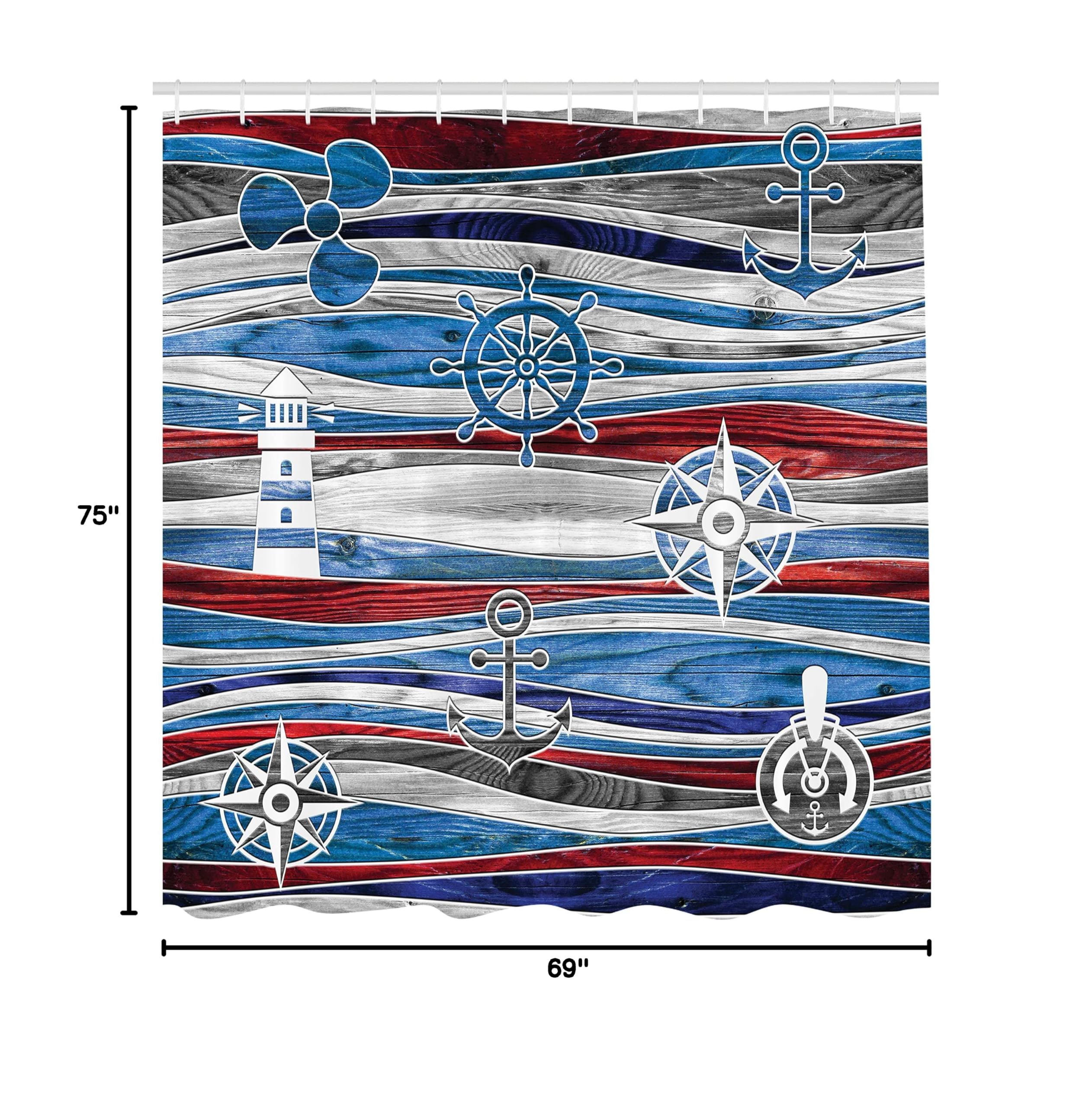 Ambesonne Nautical Anchor Shower Curtain - Boat Anchor Lighthouse & Compass Design on Ocean Waves, 69x75 Inch Waterproof Fabric Bathroom Decor with Hooks (Grey Red) - Perfect for Beach Theme Bathrooms & Coastal Home Decor