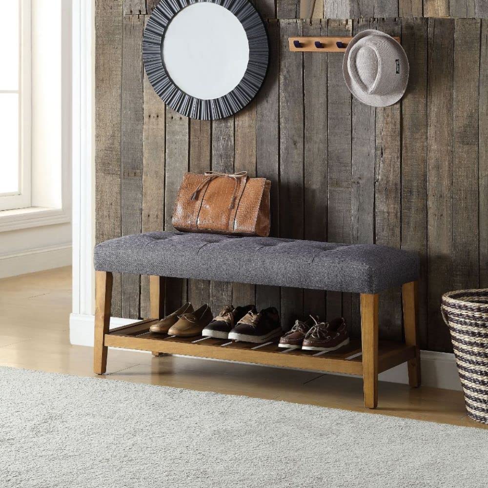 HomeRoots Rectangular Gray Padded Bench with Oak Finish Legs and Storage Shelf - Perfect for Entryway, Bedroom, or Living Room Seating and Storage