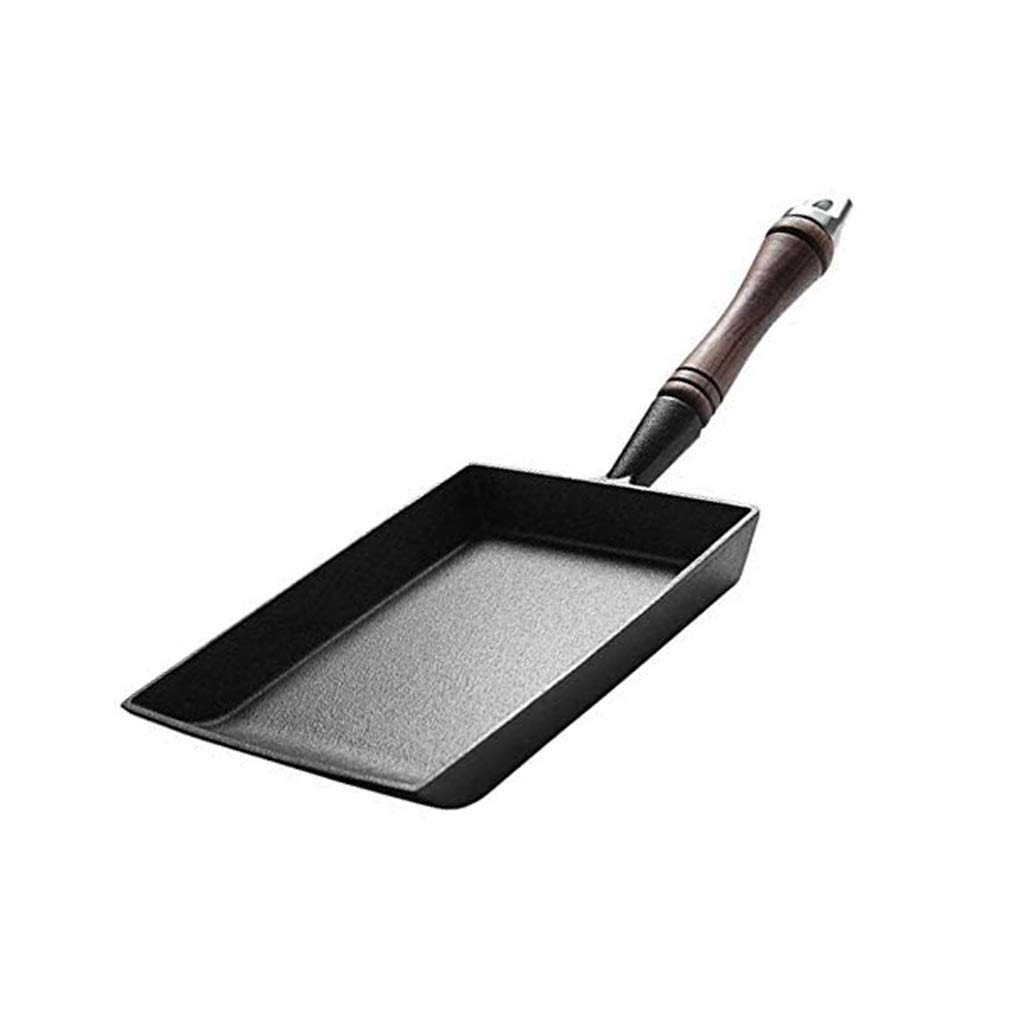 Heavy Duty Square Cast Iron Skillet - 20.5x15.5cm Nonstick Omelette Pan with Wooden Handle | Professional Egg Fry Pan & Wok for Perfect Breakfasts, Stir-Fries & Camping Cooking