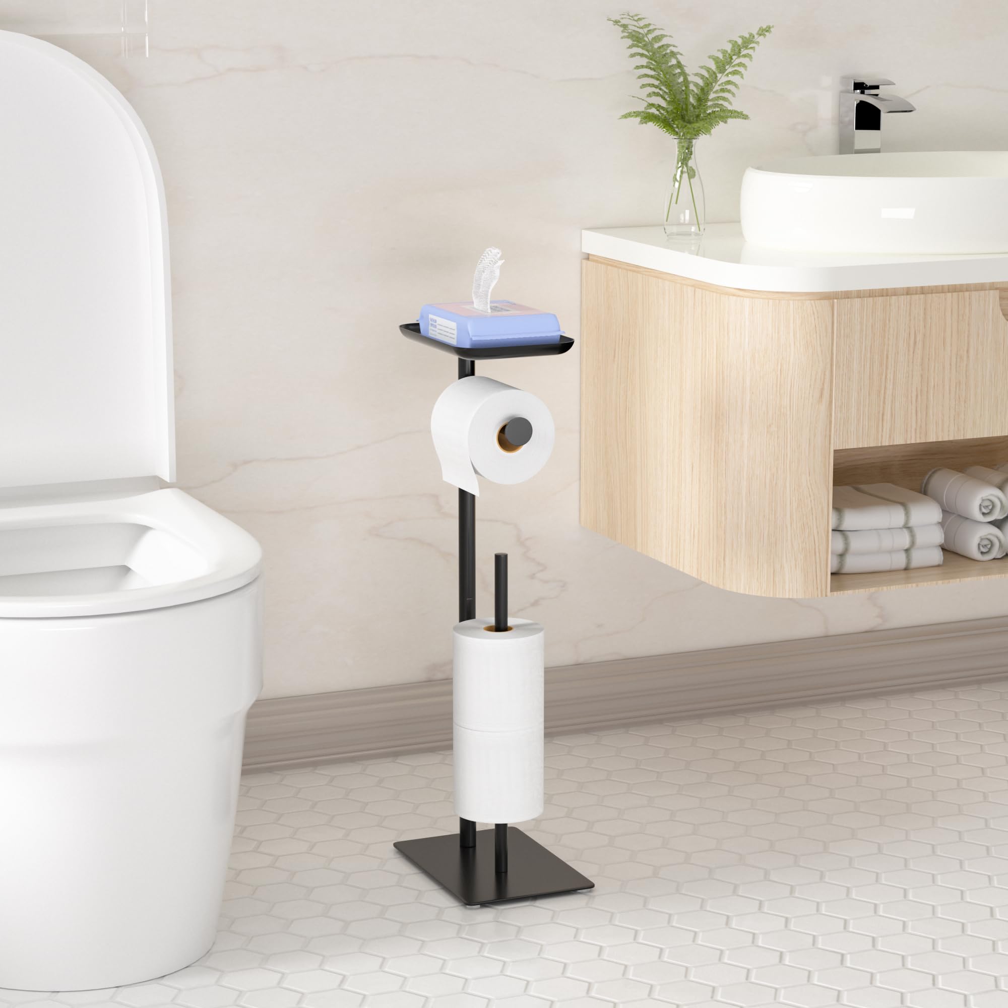 Black Free Standing Toilet Paper Holder with Storage Shelf - Floor Standing Toilet Roll Dispenser Holds 4 Reserve Rolls - Perfect for Bathroom, RV, and Small Space Organization
