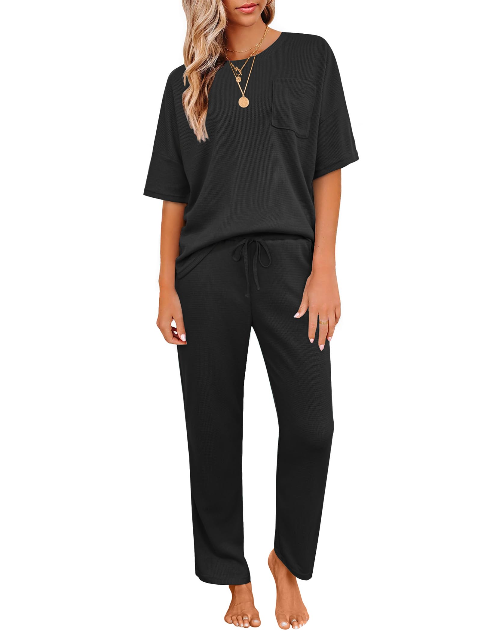 JiniGolla Women's Waffle Knit Pajama Set - Soft Short Sleeve Sleep Shirt & Long Lounge Pants - Cozy Sleepwear for Nighttime Comfort & Relaxation at Home