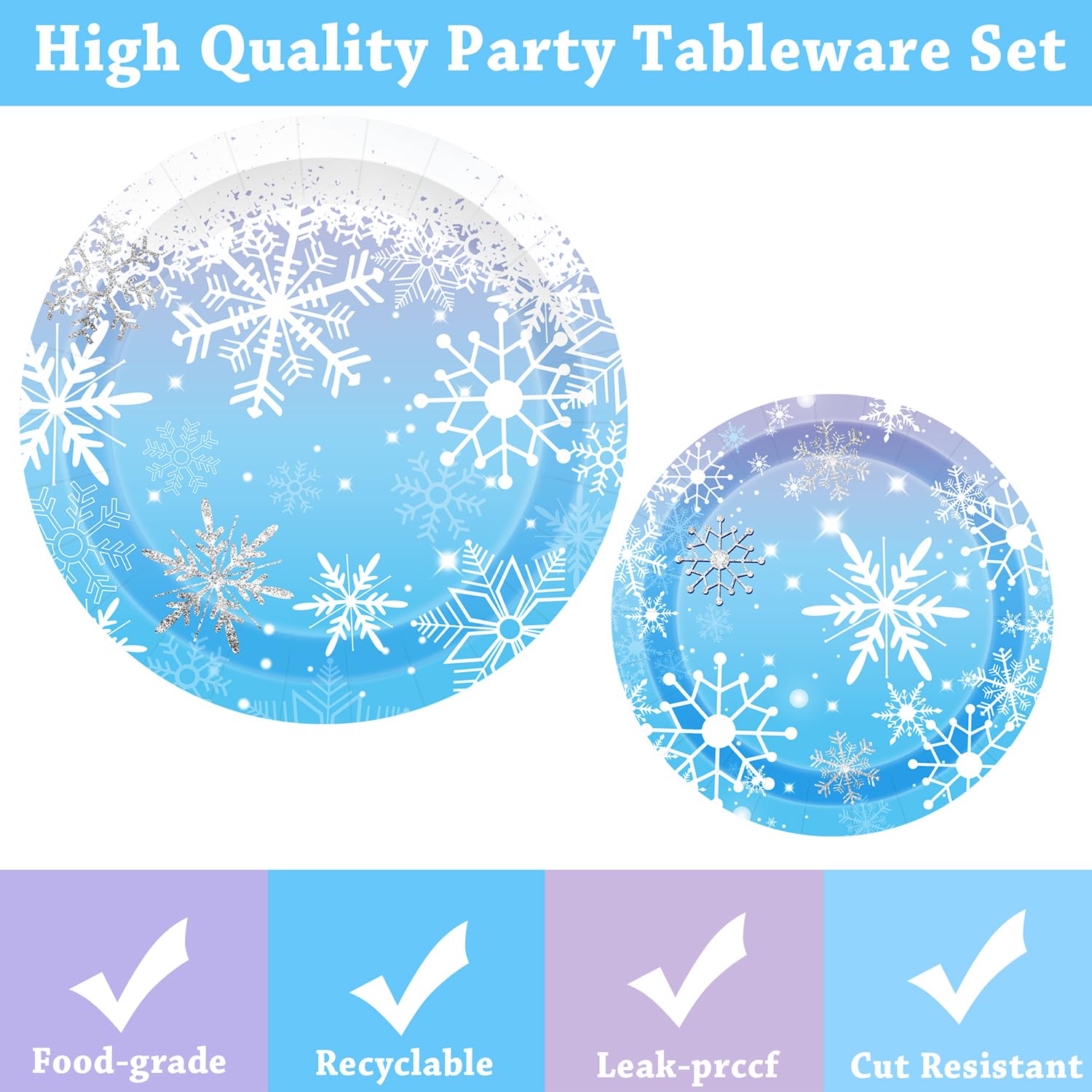 96 PCS Winter Snowflake Disposable Tableware Set - Christmas Paper Plates, Napkins, Forks for Frozen-Themed Birthday Party Decorations | Holiday Dinnerware for Winter Wonderland & Christmas Celebrations