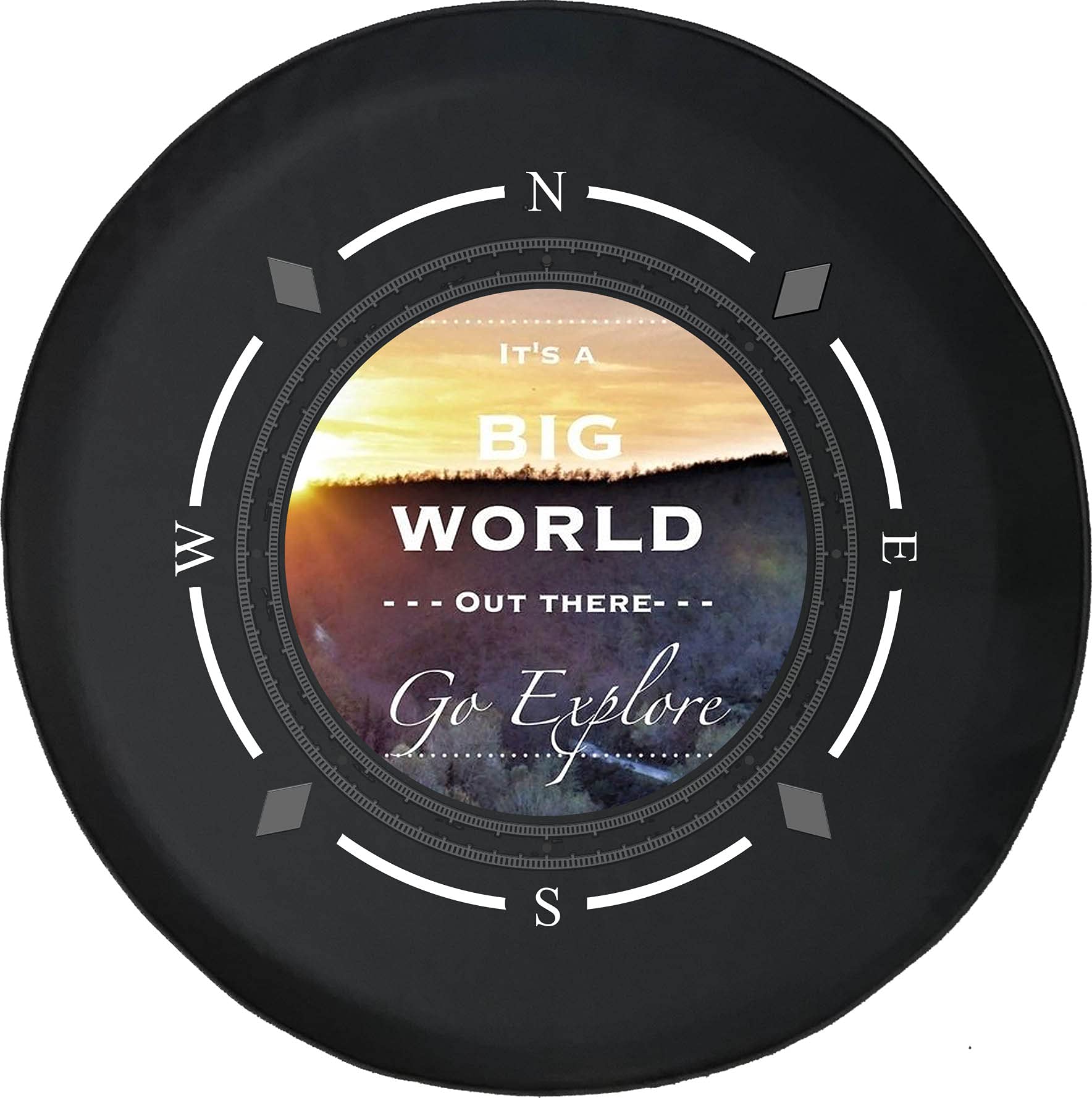 American Unlimited Spare Tire Cover with Compass Design - Big World Out There Go Explore Travel Live Life - Universal Fit for SUV, Trailer, RV & Most Vehicles - Perfect for Road Trips & Outdoor Adventures
