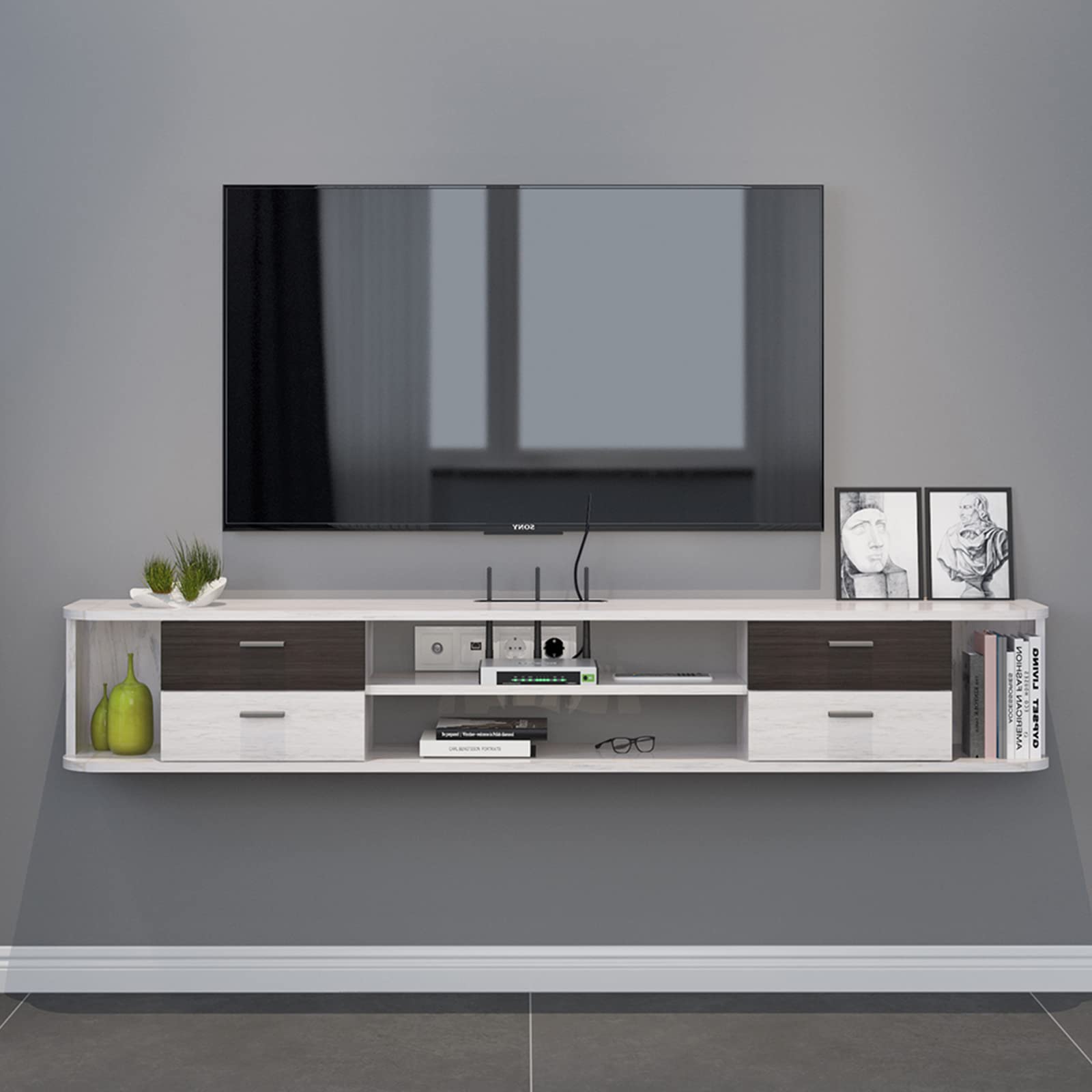 Pmnianhua 66'' Floating TV Stand with 4 Drawers - Wall Mounted Media Console & Entertainment Shelf Under TV - Modern TV Cabinet with Storage for Bedroom & Living Room (Greyish-White) - Perfect for Small Spaces & Home Theater Setup