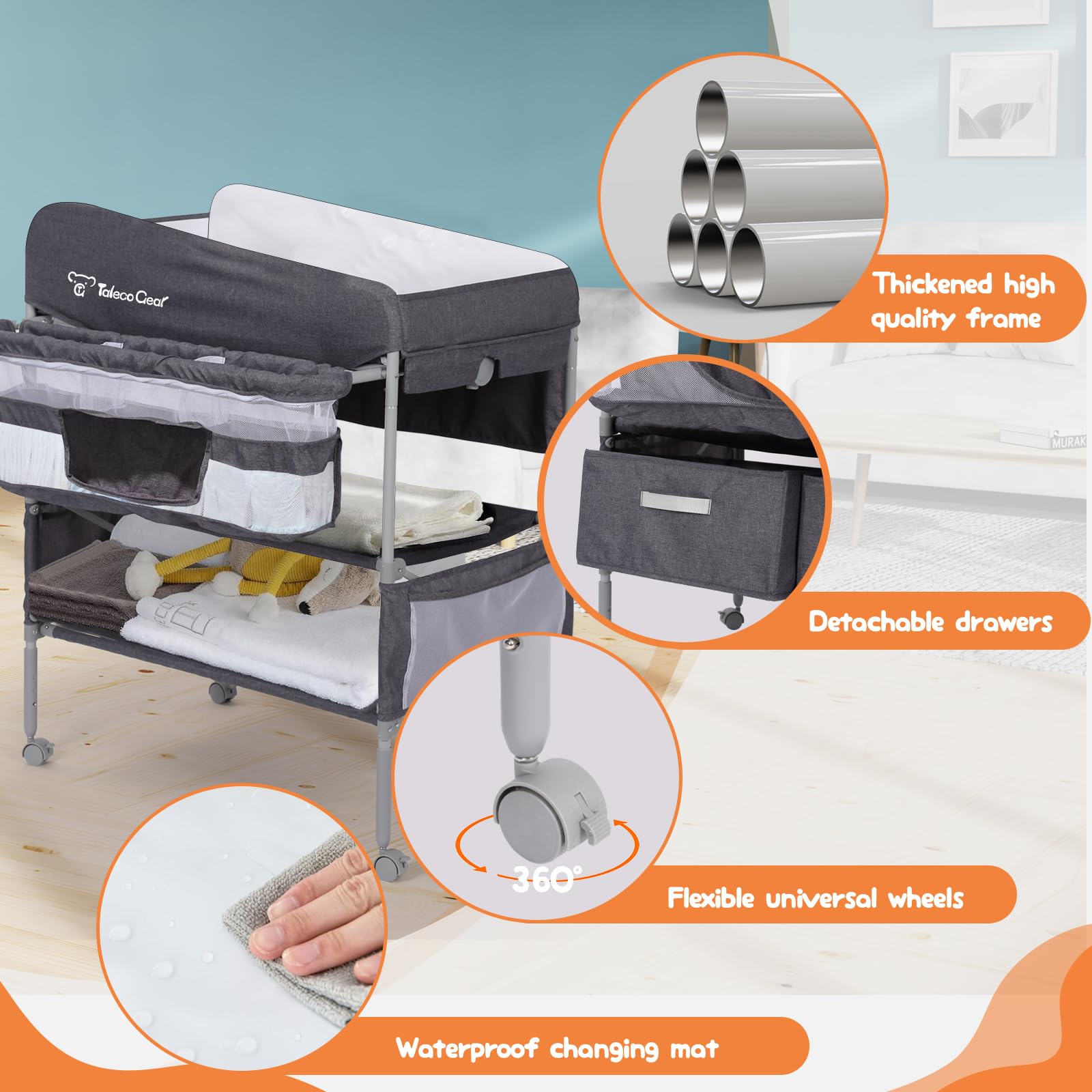 Portable Baby Changing Table with 2 Storage Baskets - Adjustable Height Foldable Changing Station Dresser - Waterproof Soft Pad for Newborns & Infants - Perfect for Nursery, Bedroom & Travel Use
