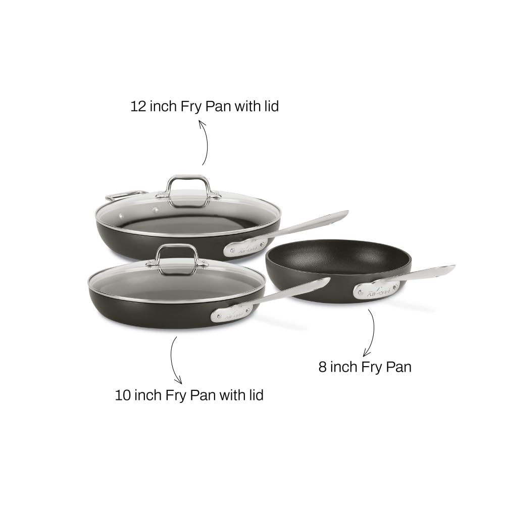 All-Clad HA1 Hard Anodized Nonstick Fry Pan Set - 3 Piece (8, 10 & 12 Inch) with Lids - Induction Compatible, Oven & Broiler Safe to 500°F - Black Nonstick Cookware for Sautéing, Frying & Baking - Perfect for Home Chefs & Professional Kitchens
