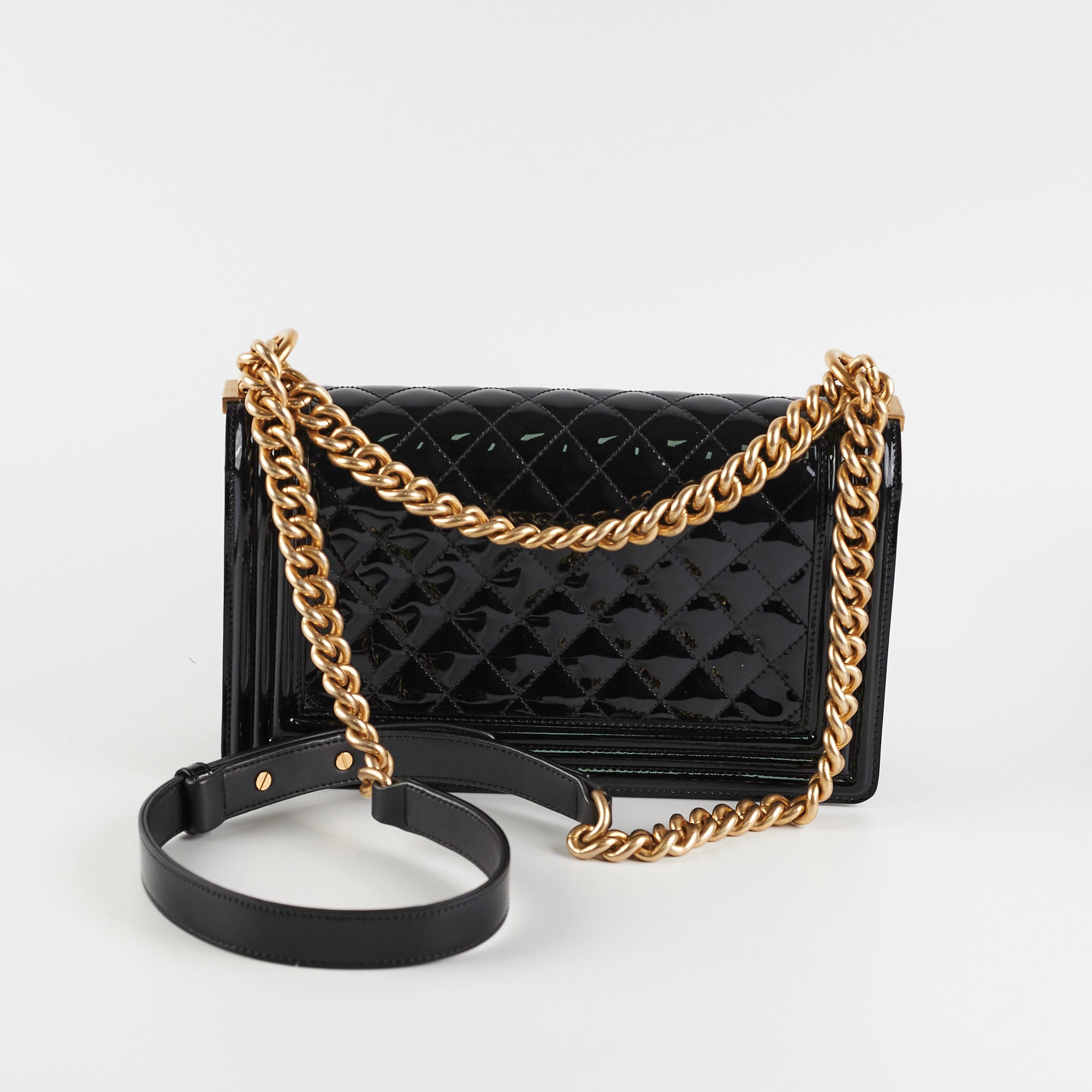 Chanel Old Medium Boy Bag Patent Leather Black - Luxury Designer Handbag for Women, Perfect for Evening Parties & Special Occasions