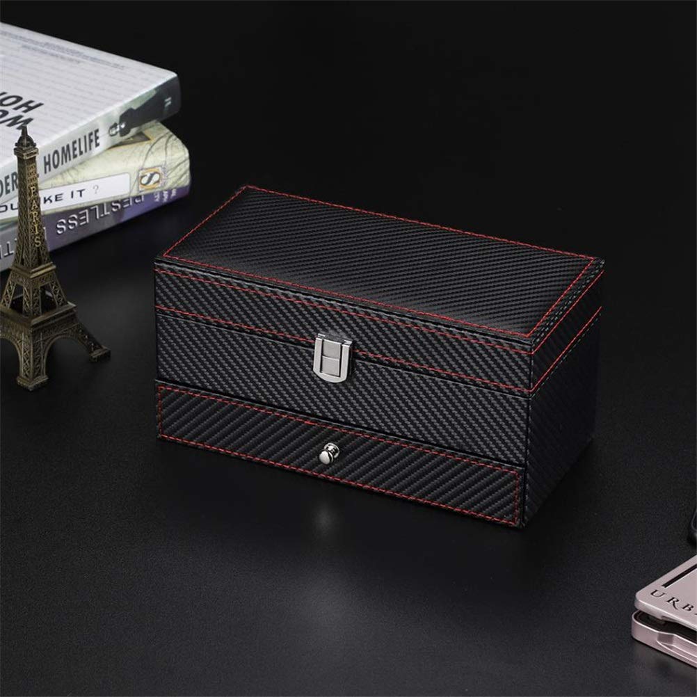 Premium 4-Grid Double Layer Watch Box - Carbon Fiber PU Leather Jewelry Organizer for Watches, Rings & Earrings - Luxury Display Case & Gift for Men & Women - Perfect for Travel, Home & Office Storage