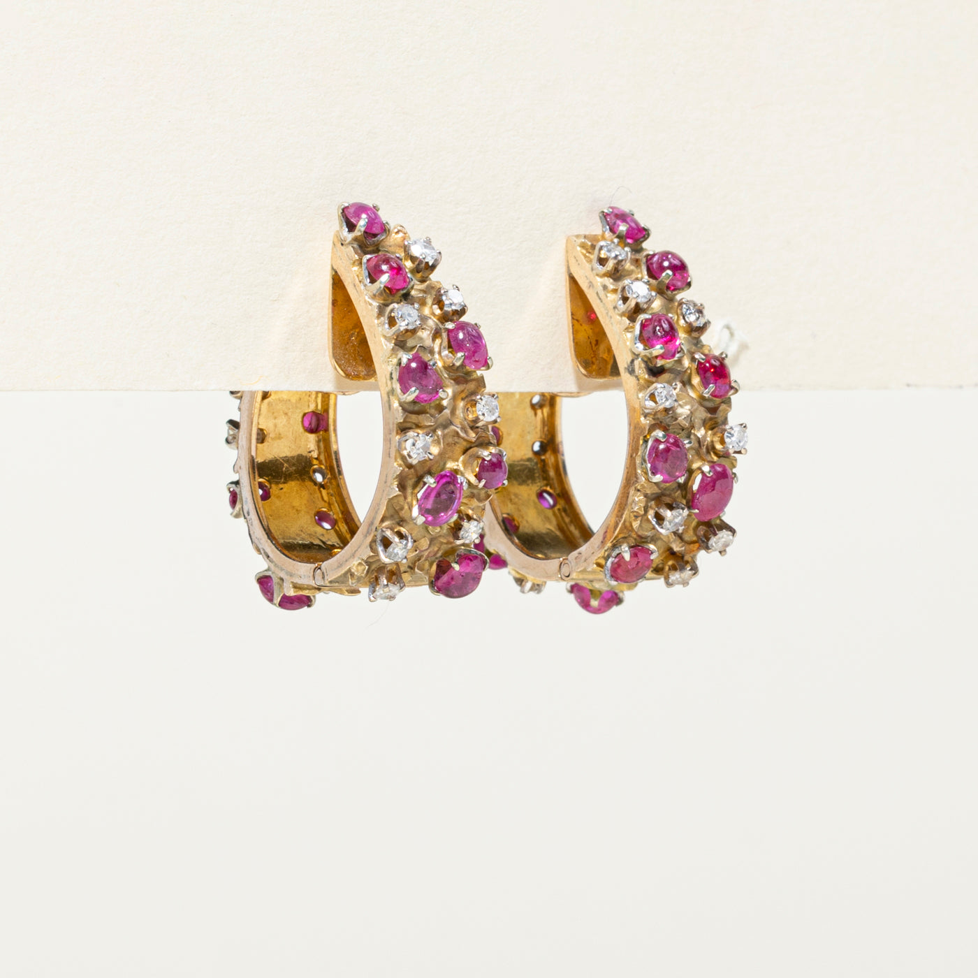 14K Gold Ruby & Diamond Hoop Earrings for Women | 4.76ctw Ruby & 0.75ctw Diamond | Elegant Textured Design | Perfect for Weddings, Anniversaries & Special Occasions