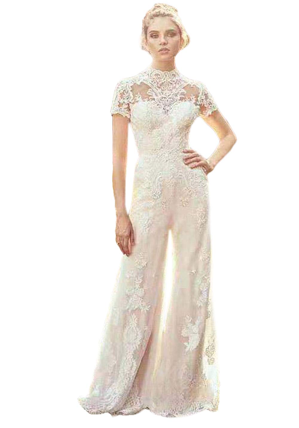 CY High Neck Short Sleeve Lace Appliqued Boho Bridal Jumpsuit - Beach Wedding Dress for Bride, Outdoor Ceremony & Photoshoot