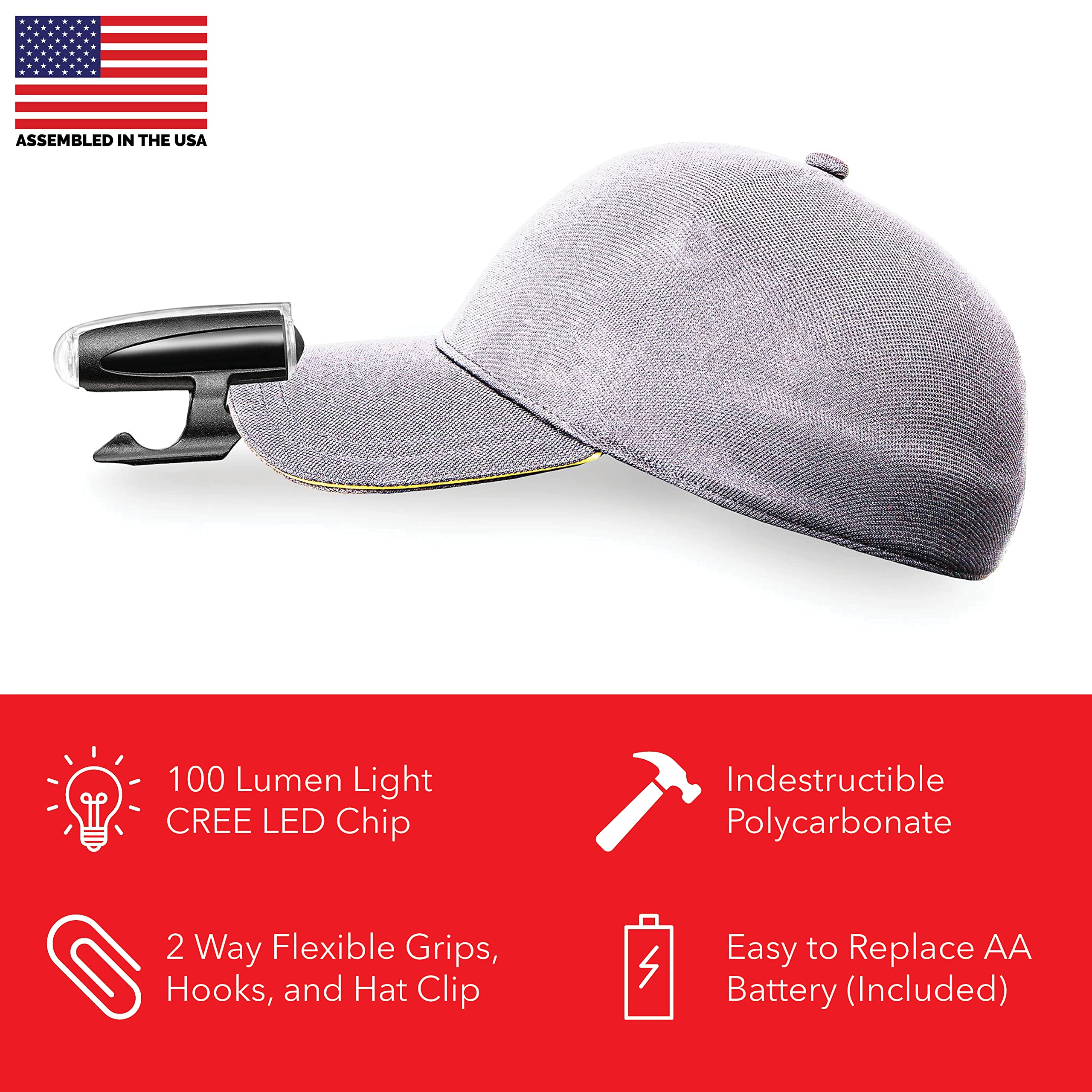 Hands-Free LED Flashlight with Clip | 100 Lumen Snap-On Light for Emergency, DIY, Camping & Night Work | IPX4 Waterproof | AA Battery Powered | Perfect for First Aid Kits, Car Visors & Hat Brims