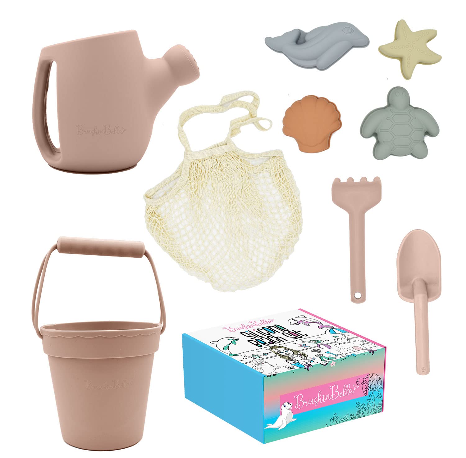**Premium Silicone Beach Toys Set - Kids Sand Bucket with Shovel & 4 Sand Molds - Travel-Friendly, Safe & Dishwasher-Safe Beach Toys for Toddlers - Includes Net Carrying Bag (Blush Pink) - Perfect for Beach Trips, Sandcastles & Outdoor Play**