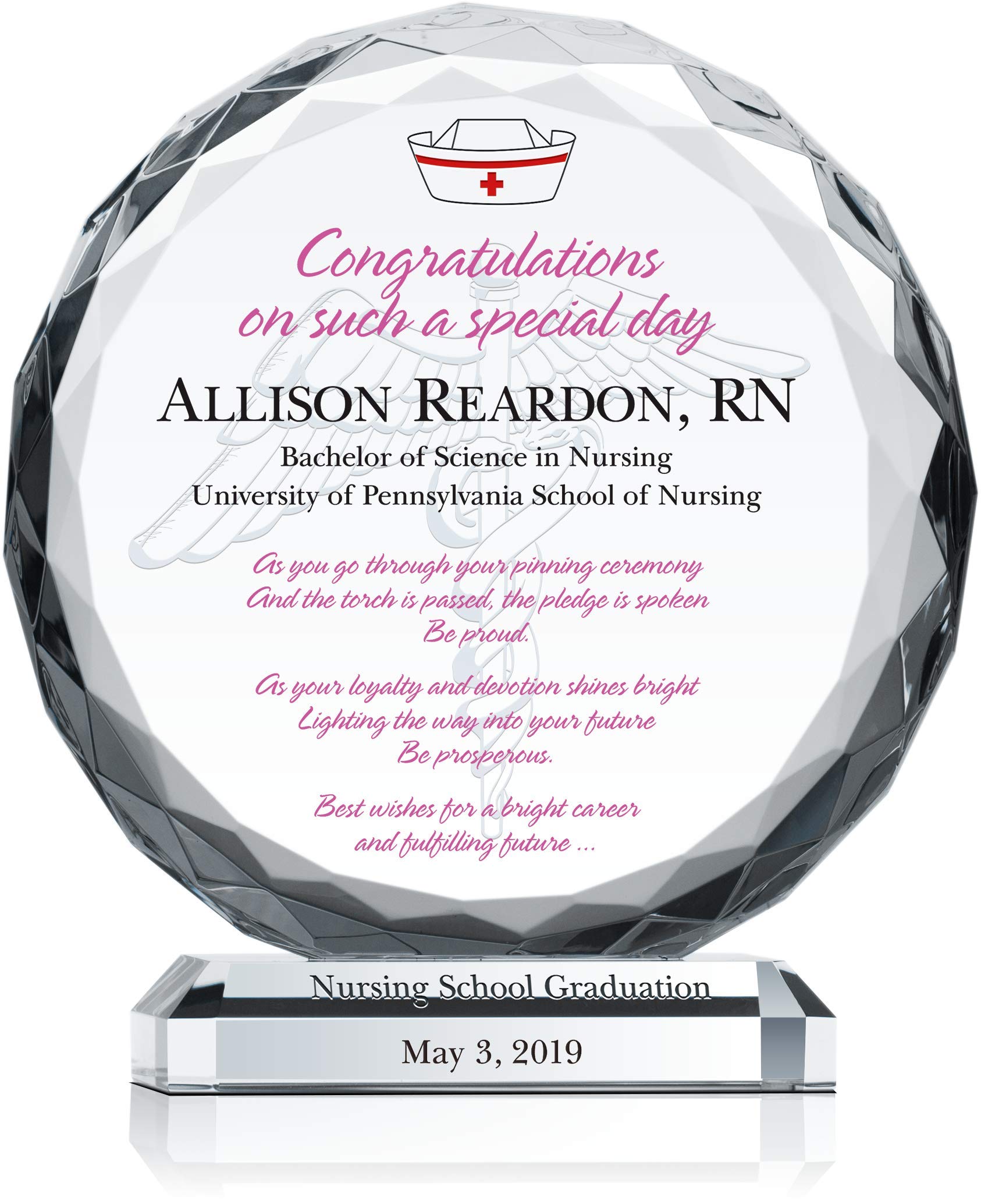 Personalized Crystal Nurse Graduation Pinning Gift - Custom Engraved with Name, School & Date - Perfect for Daughter, Granddaughter or Sister (6.5
