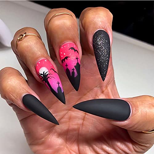 24Pcs Halloween Press On Nails with Skull Spider Pumpkin Bat Designs - UV Gel Fake Nails for Halloween Party, Costume & Holiday Decoration - Easy to Apply & Long Lasting