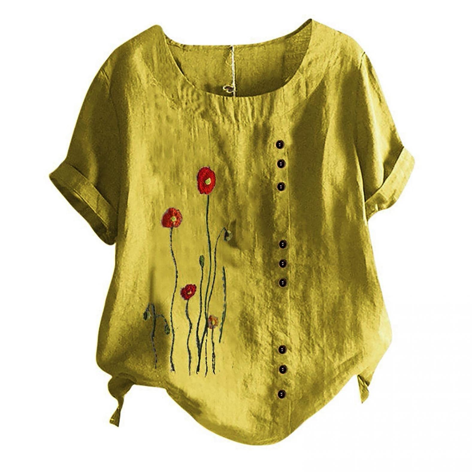 Women's Floral Graphic Tees - Short Sleeve Cotton Linen Shirt, Casual Boatneck Summer Tops for Everyday Wear, Beach Outings & Weekend Brunch