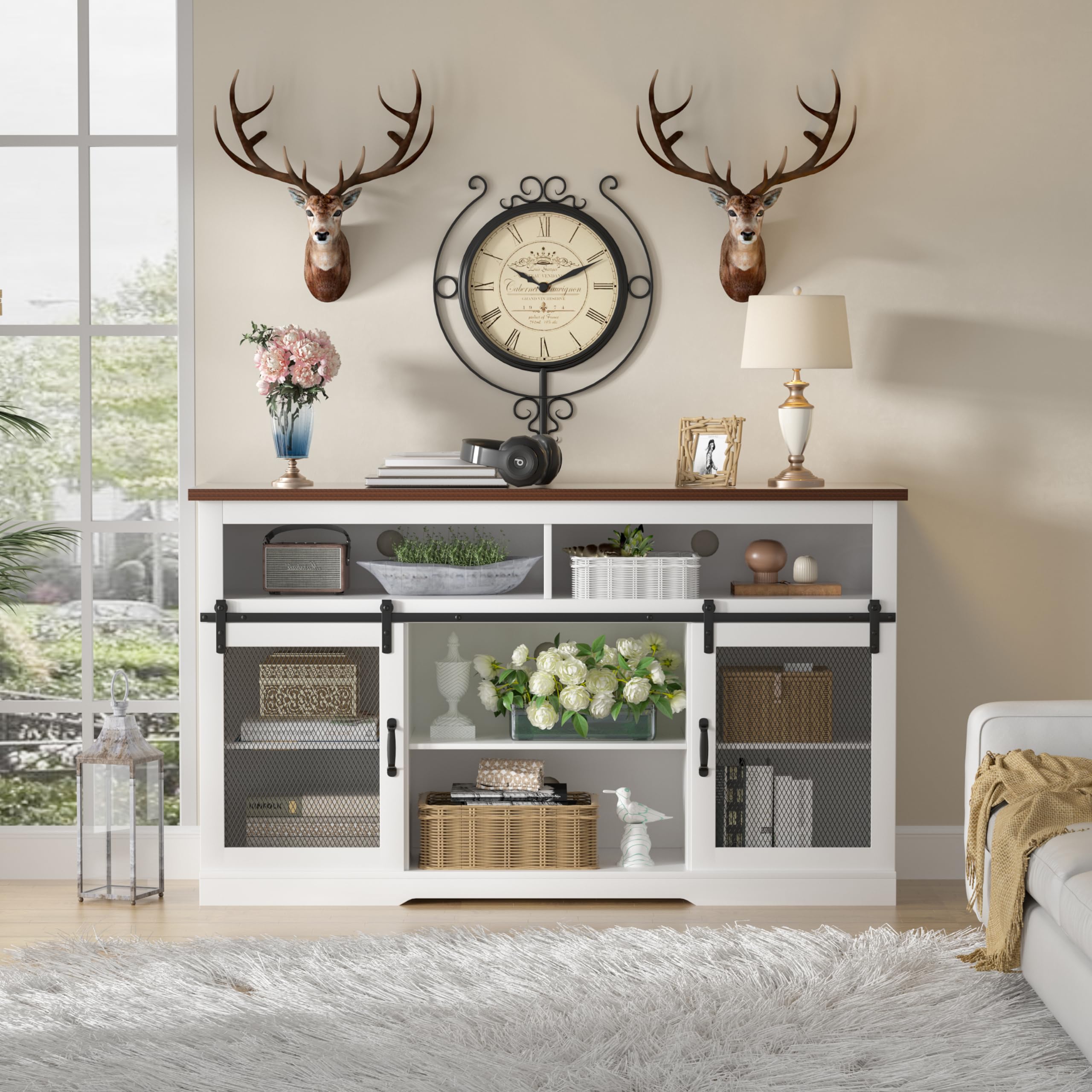 Farmhouse TV Stand for 65 Inch TV - Rustic Entertainment Center with Sliding Barn Doors, Storage Cabinet for Living Room & Bedroom - White Wood Console Table | Perfect for Cozy Home Theater Setup & Farmhouse Style Decor