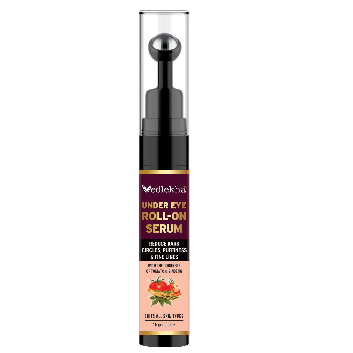 Vedlekha Under Eye Serum Roll On with Vitamin E, Ginseng & Retinol - Dark Circle Treatment for Men & Women - Cooling Massage Roller Reduces Puffiness & Fine Lines - 15gm - Perfect for Morning & Night Skincare Routine