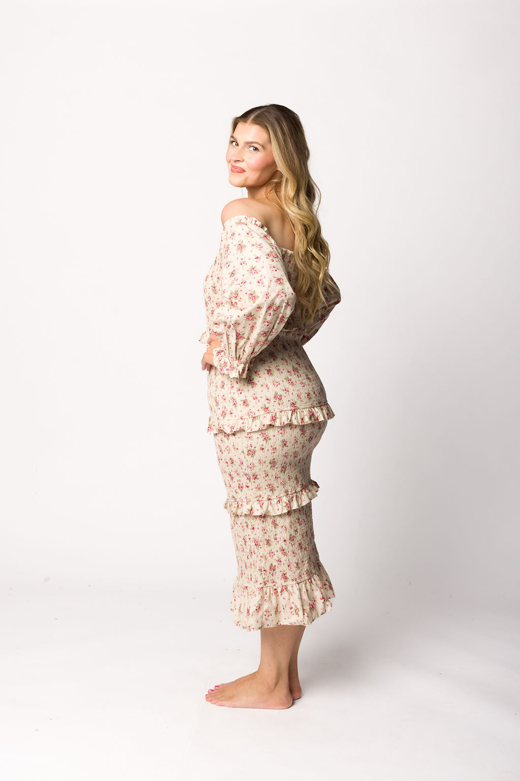 Lila Floral Printed Smocked Midi Dress - Pink Maternity Dress for Pregnancy, Bump Friendly, Summer Casual Wear, Baby Shower & Photoshoot Outfit