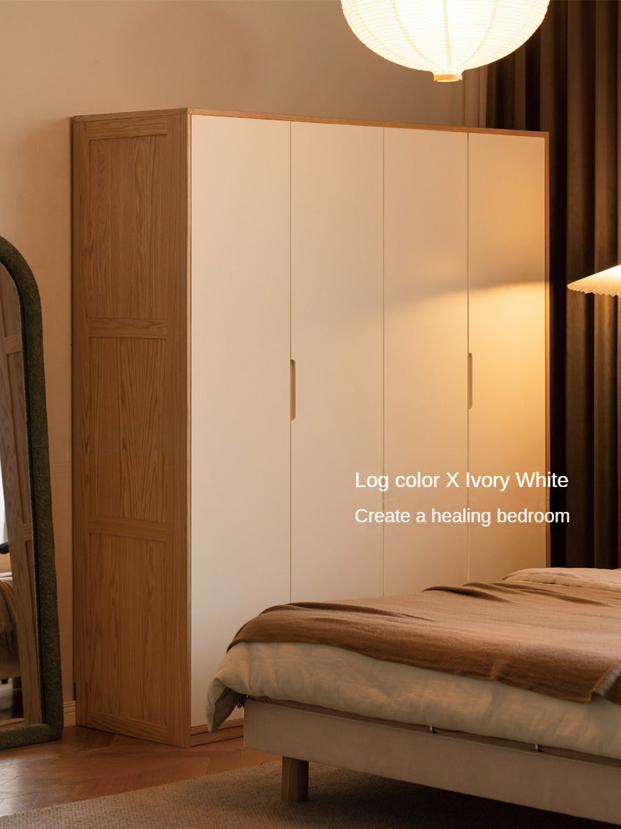 Oak Solid Wood Log Cream Style Wardrobe - Rustic Bedroom & Living Room Storage Furniture for Home Organization
