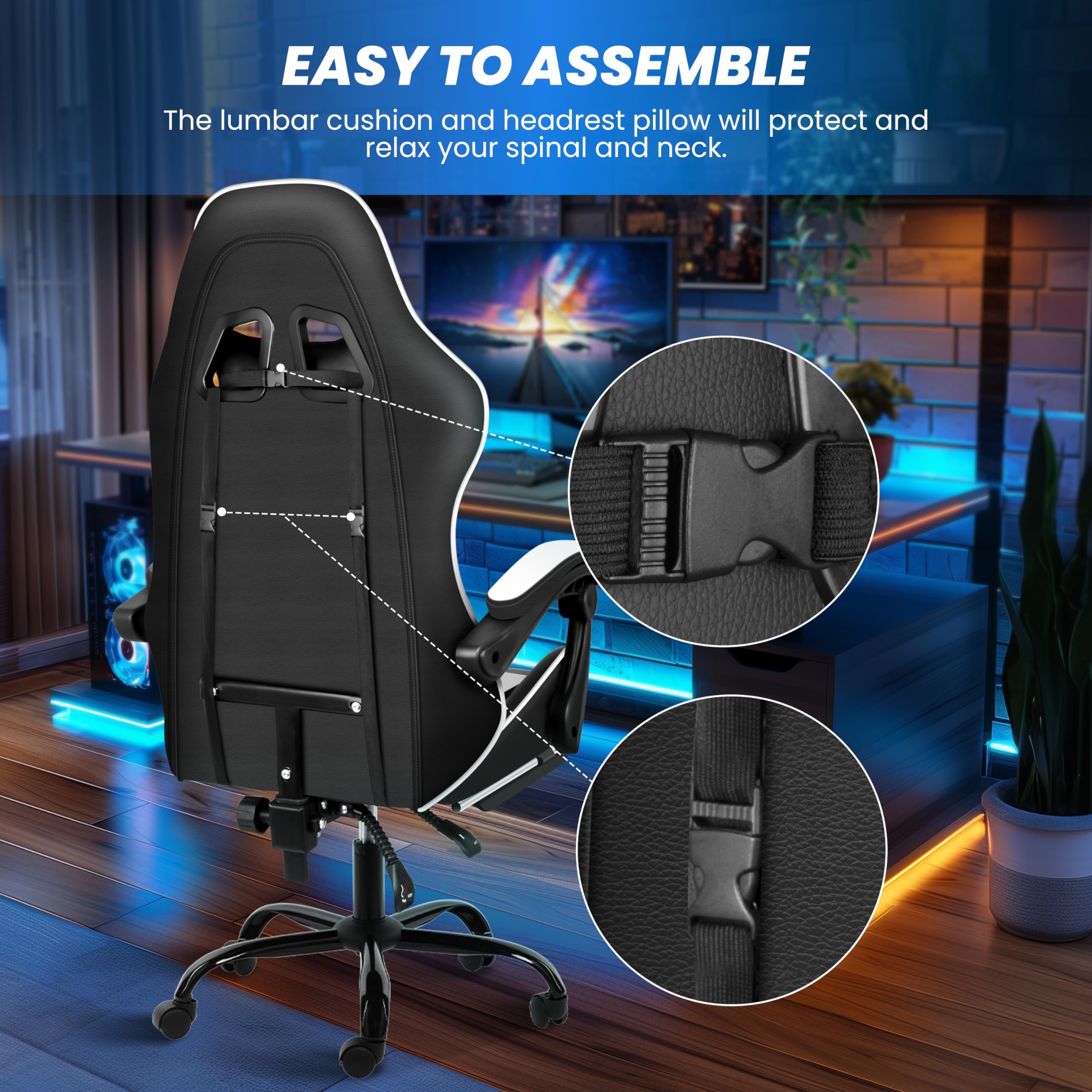 **YSSOA Ergonomic Gaming Chair with Adjustable Footrest, Height & 90°-135° Recline - Racing Style Computer Chair for Office & Home, Lumbar Support, Swivel Base (Black/White) - Perfect for Long Gaming Sessions & Work from Home**