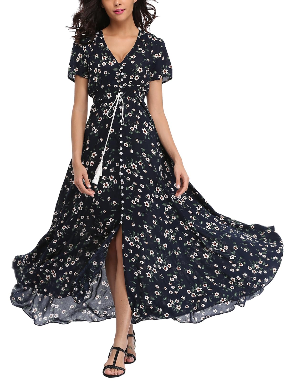 Boho Floral Maxi Dress for Women - Summer Button Up Beach Dress with Side Slit & Flowy Skirt | Perfect for Beach Parties, Vacations & Casual Outings