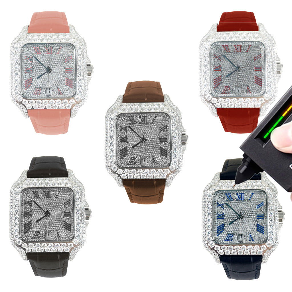 Moissanite Red Crocodile Leather Band Watch with Half Iced Bezel - 9.6ct Genuine Diamond Alternative for Men & Women | Perfect for Weddings, Parties & Luxury Fashion Accessories