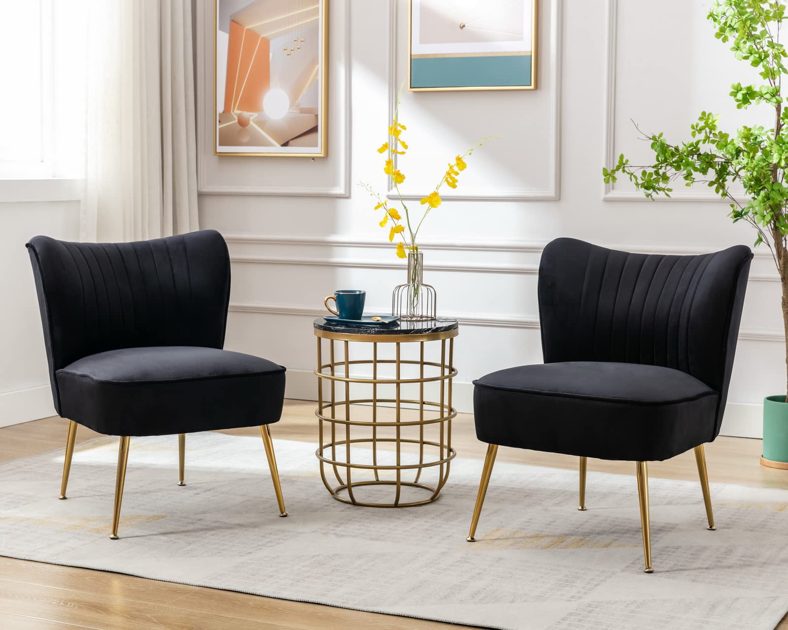 CIMOTA Velvet Black Accent Chairs Set of 2 - Modern Armless Slipper Chairs with Golden Legs, Wingback Design for Living Room, Bedroom - Perfect for Reading Nook, Lounge Area & Home Decor