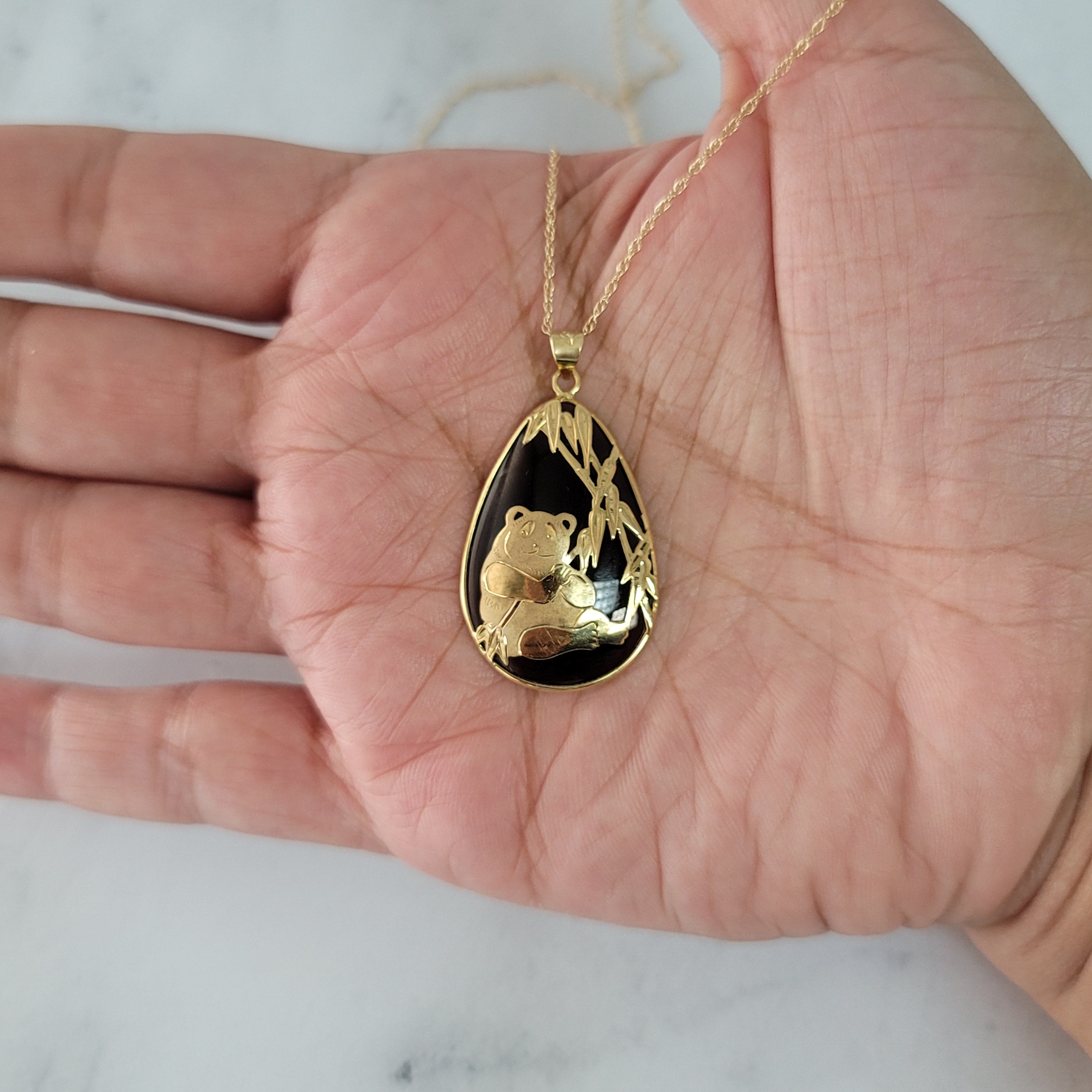 14K Yellow Gold Panda Design Pear Shaped Smoky Quartz Jade Necklace - Elegant Jewelry for Women, Perfect Gift for Birthday, Anniversary & Special Occasions