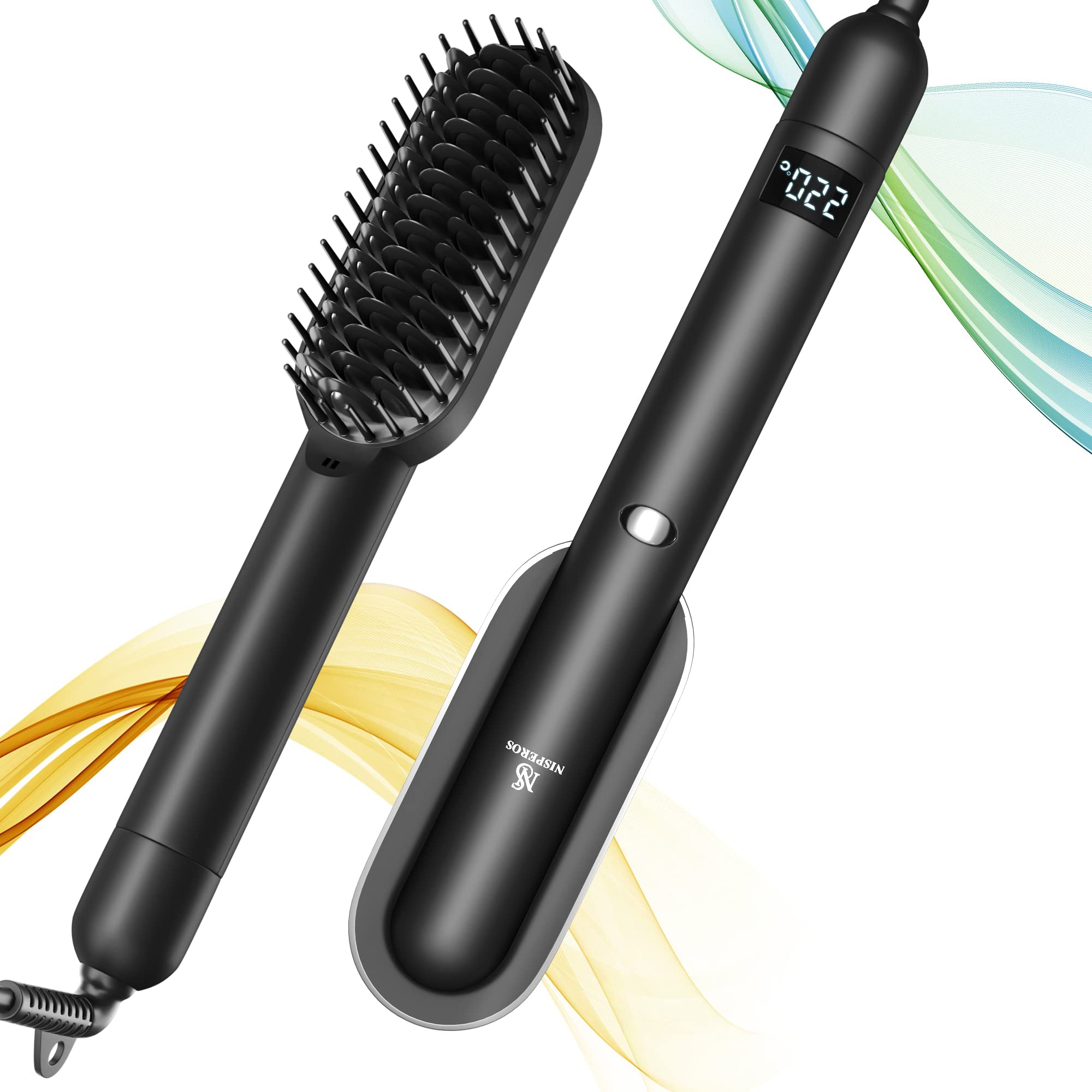 Nisperos Ionic Hair Straightener Brush for Women - Ceramic Hot Brush for Afro Hair, Auto Shut Off & Includes Hairpin & Glove - Perfect for Home, Travel & Salon Styling (Black)