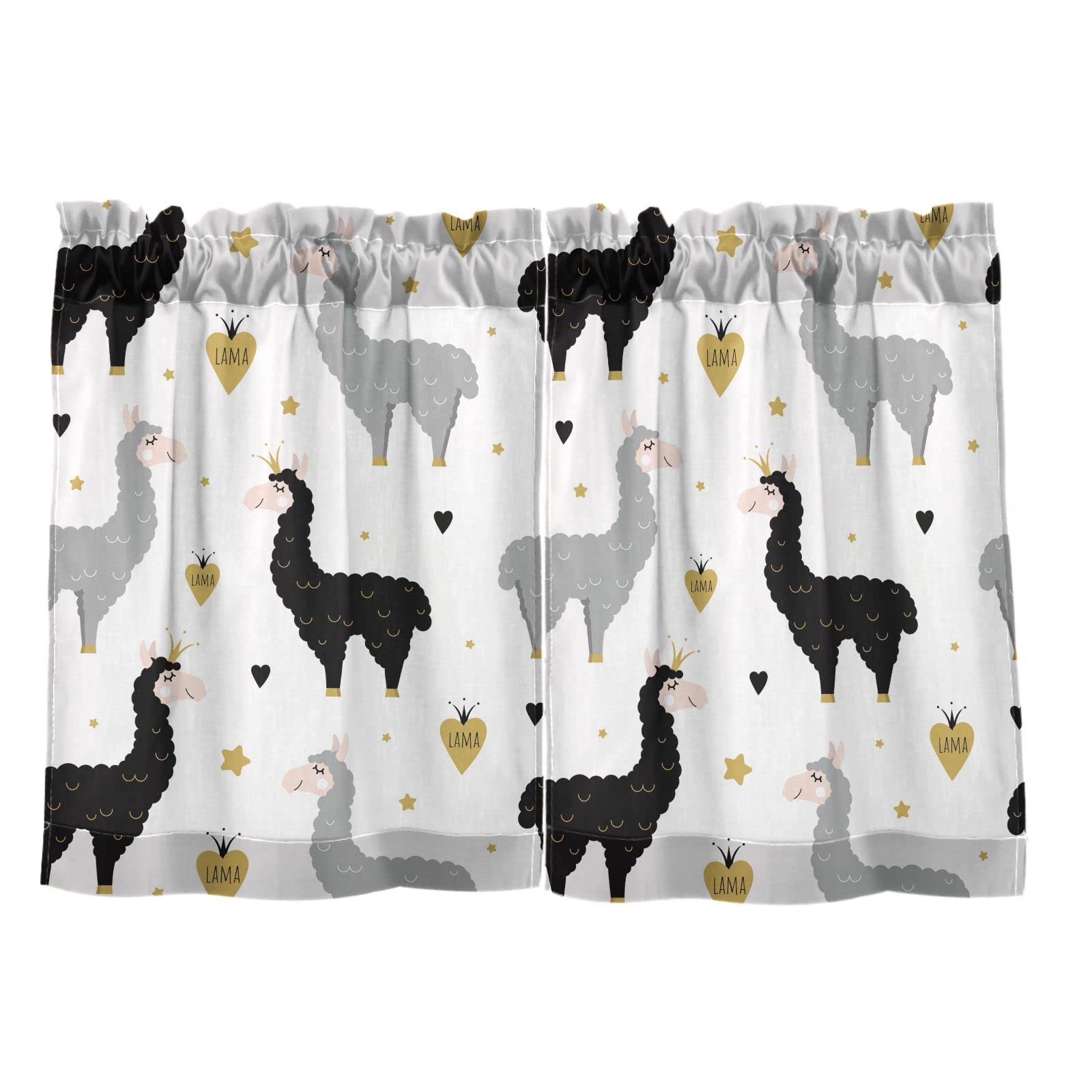 Cute Llamas Kitchen Curtains 36 Inch - Short Rod Pocket Window Drapes for Bedroom, Nursery, Kids Room - 2 Panels (27W x 36L) - Perfect for Farmhouse, Boho & Kids Decor