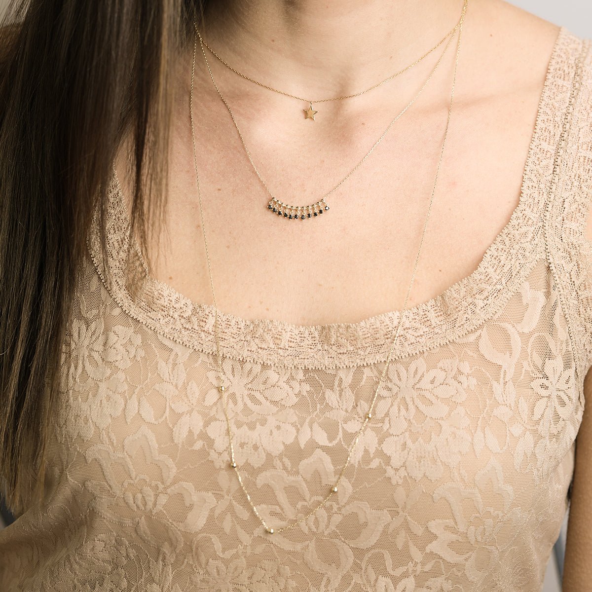 14K Solid Yellow Gold Black Onyx Fringe Necklace - Elegant Dainty Layering Jewelry for Women, Perfect for Parties, Weddings & Everyday Wear