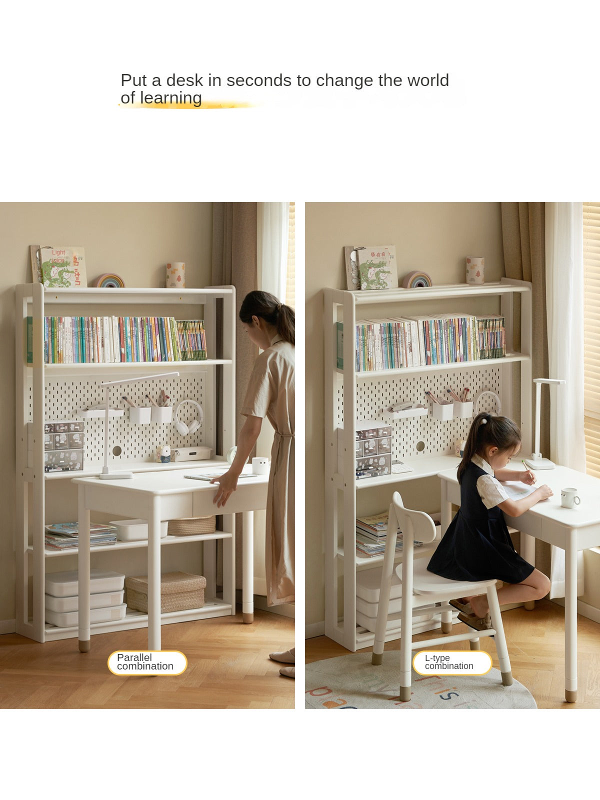Birch Solid Wood Bookshelf - Modern Cream Floor Standing Bookcase with Adjustable Study Desk for Kids | Perfect for Children's Bedroom, Nursery, and Home Office Organization