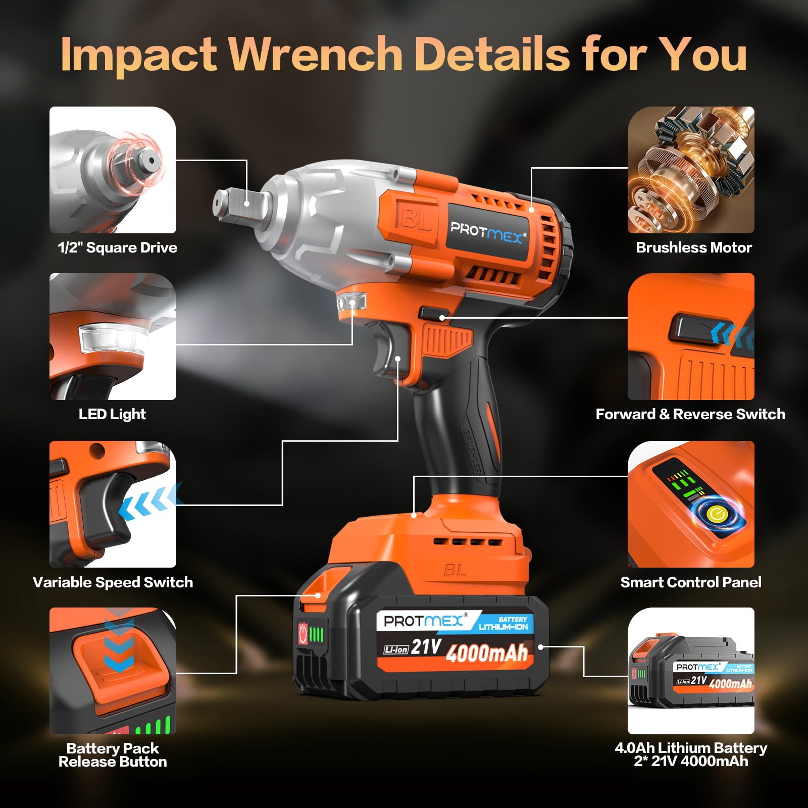 21V Cordless Impact Wrench with 2x 4.0Ah Battery - 665Ft-Ibs (900N.m) Torque, 1/2