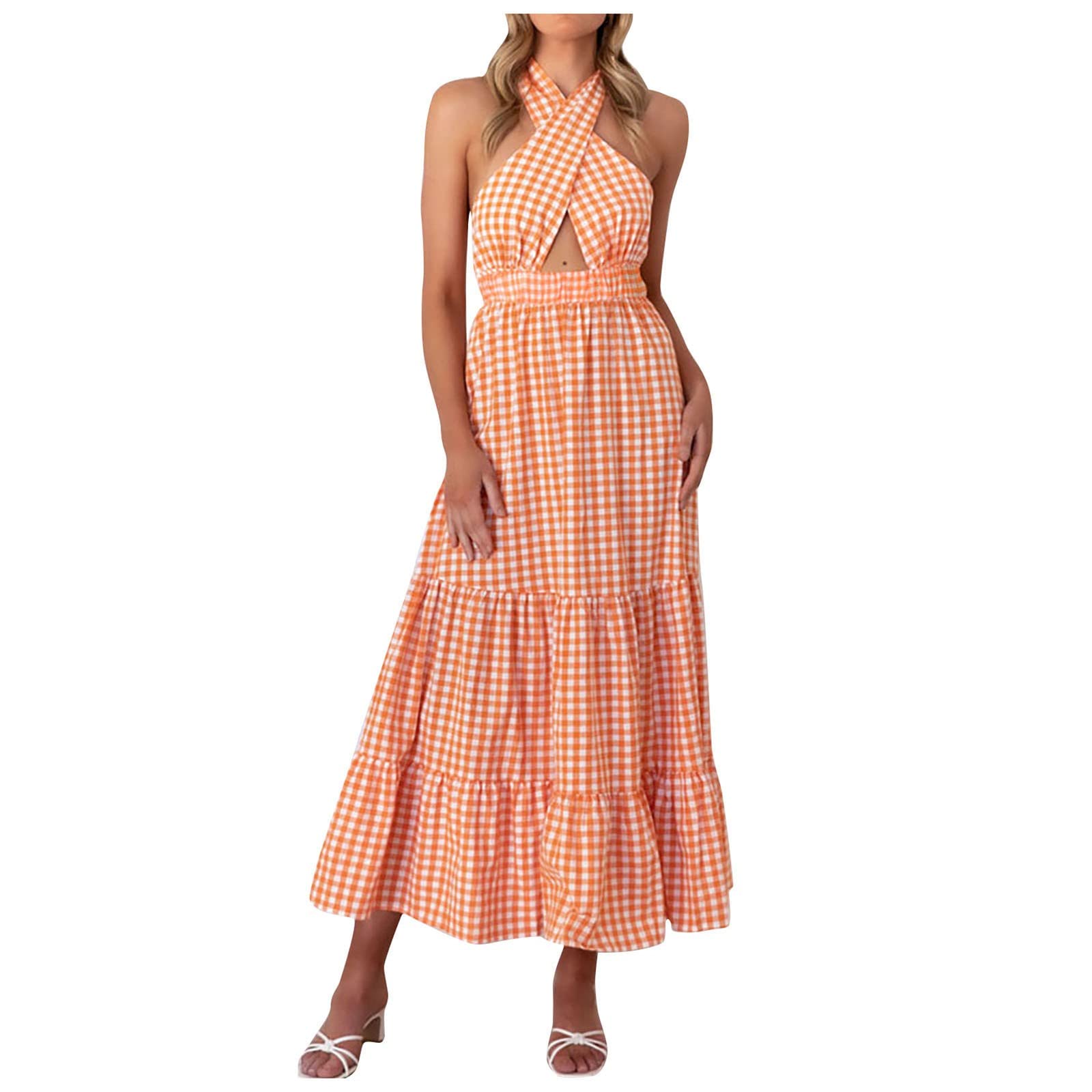 Elegant Women's Wedding Guest Dresses - Summer Halter Neck Sleeveless Plaid Cut Out Backless Flowy A-Line Dress (Sizes S-2XL) | Perfect for Weddings, Parties, and Special Occasions