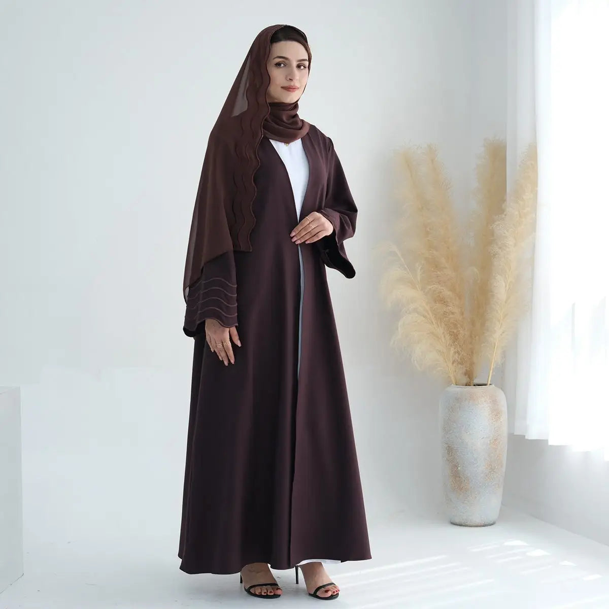 Elegant Hijab Embroidery Sleeve Cardigan Open Abaya Dress for Muslim Women - Perfect for Prayer, Mosque Visits & Special Occasions